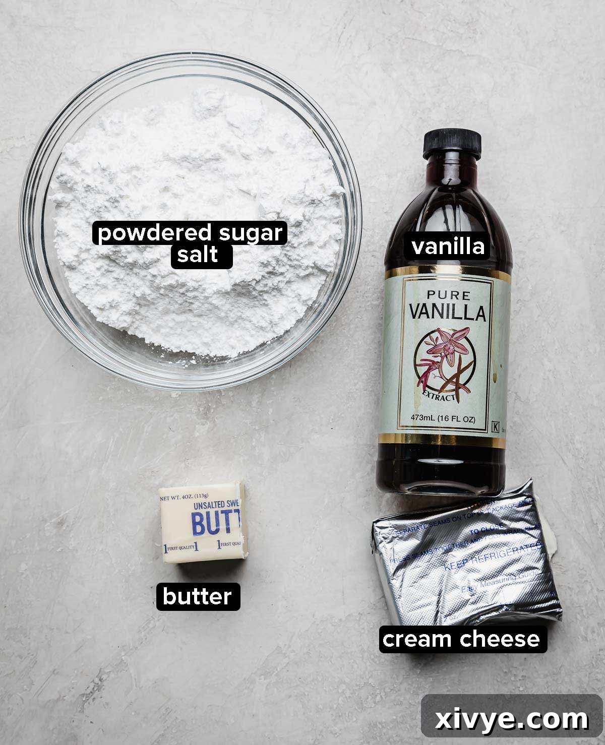 Warm Spiced Ginger Bars 4 Cream cheese frosting ingredients: powdered sugar, cream cheese, butter, and vanilla.