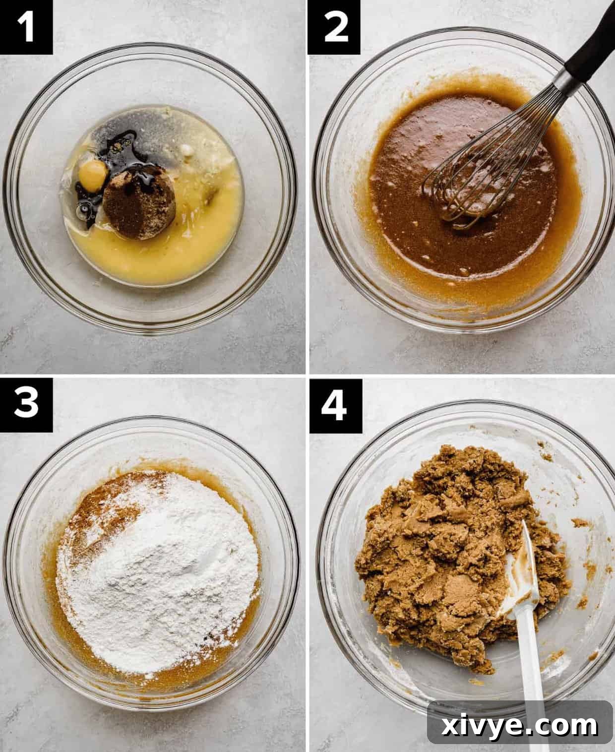 Warm Spiced Ginger Bars 5 Four photos showing how to make Gingerbread Cookie Bars: butter, sugar, eggs in glass bowl (top left), dark colored sugar, butter mixture in glass bowl (top right), dry ingredients in a glass bowl (bottom left), gingerbread cookie dough in glass bowl (bottom right).