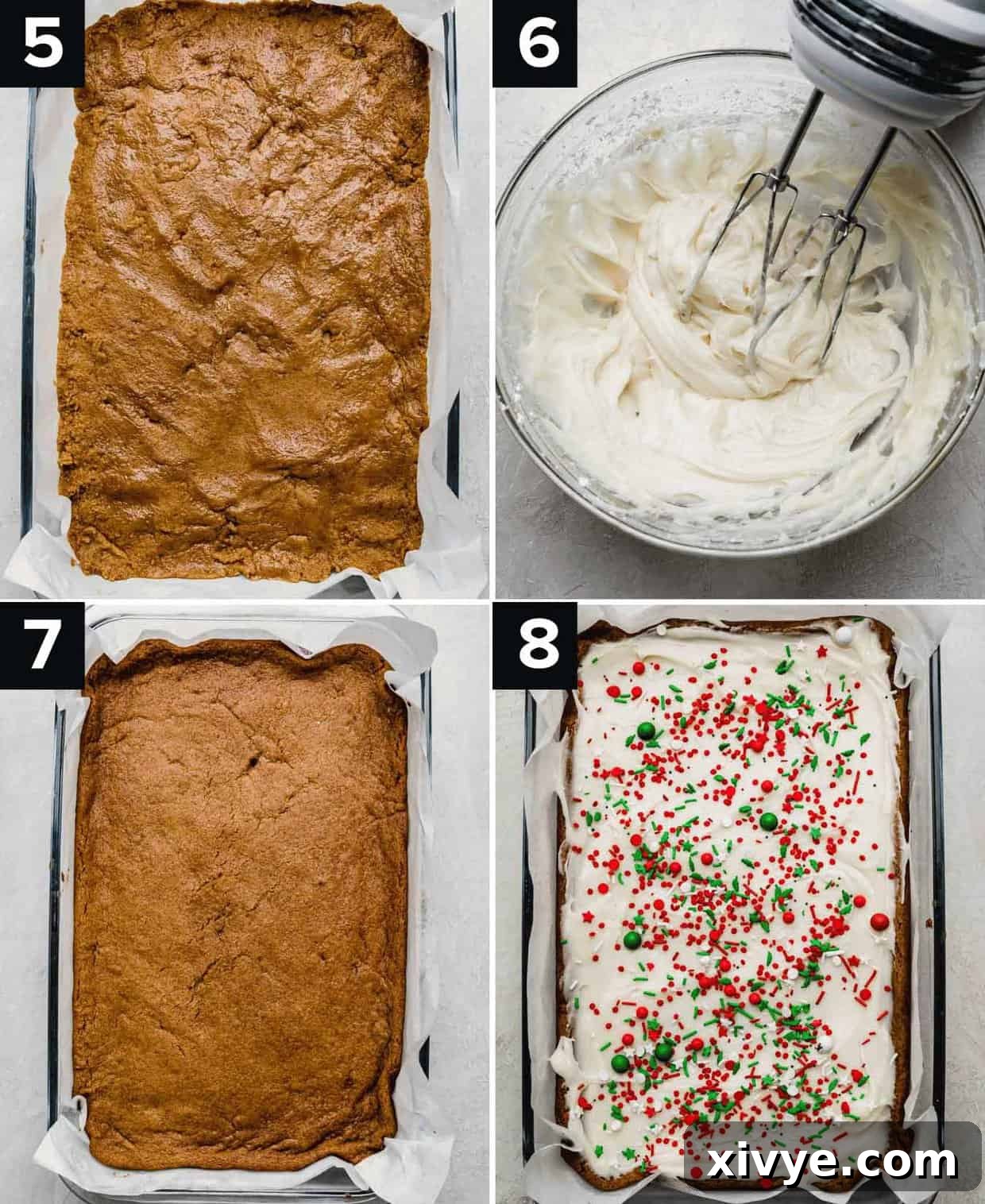 Warm Spiced Ginger Bars 6 Gingerbread cookie dough unbaked in rectangle baking dish (top left), cream cheese frosting in glass bowl (top right), baked gingerbread cookie bars in glass rectangle dish (bottom left), cream cheese frosted gingerbread cookie bars topped with red and green sprinkles (bottom right).
