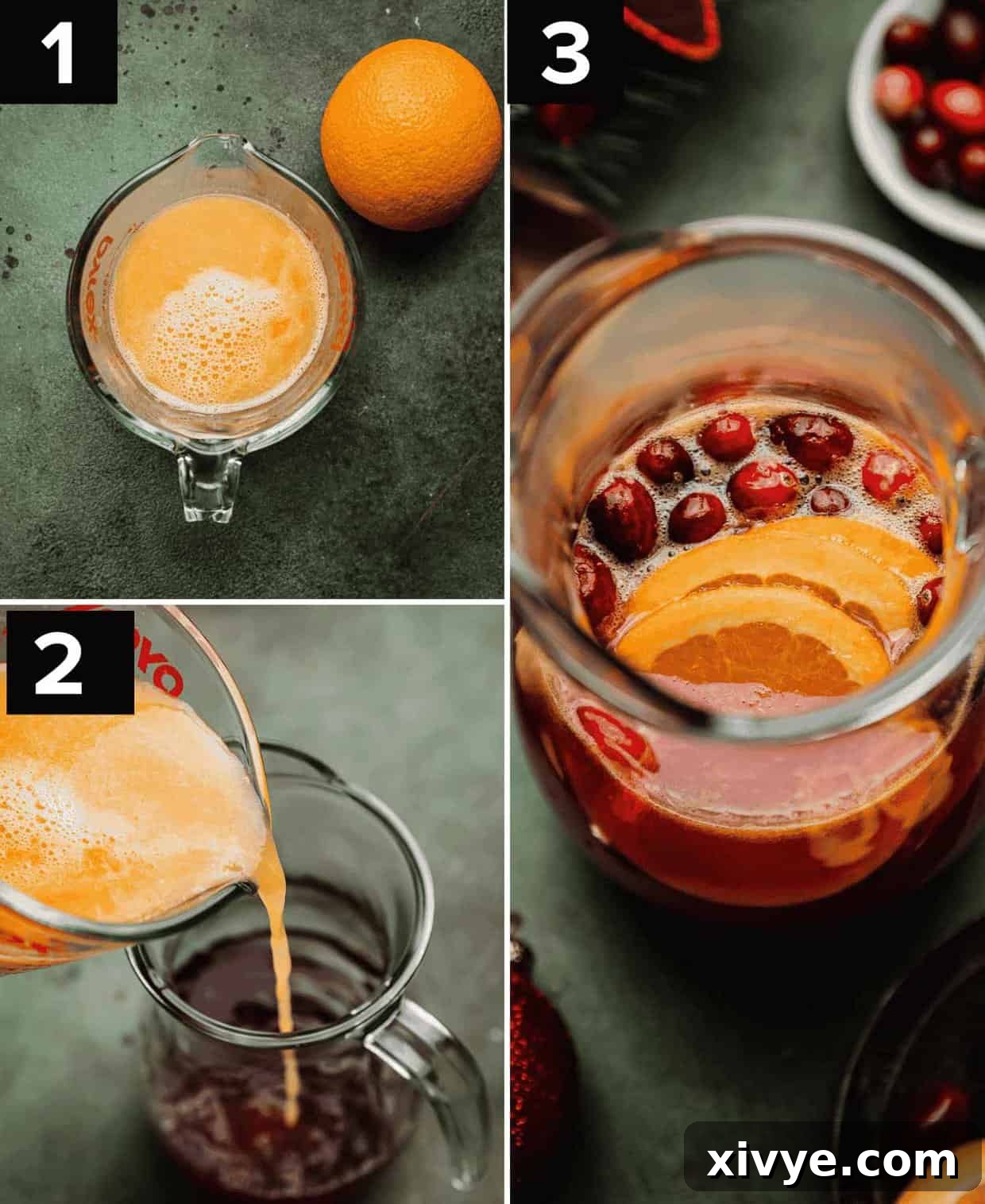 Ruby Refresher 4 Three photos showing how to make a cranberry orange mocktail by combining cranberry juice, orange juice, simple syrup together in a pitcher.