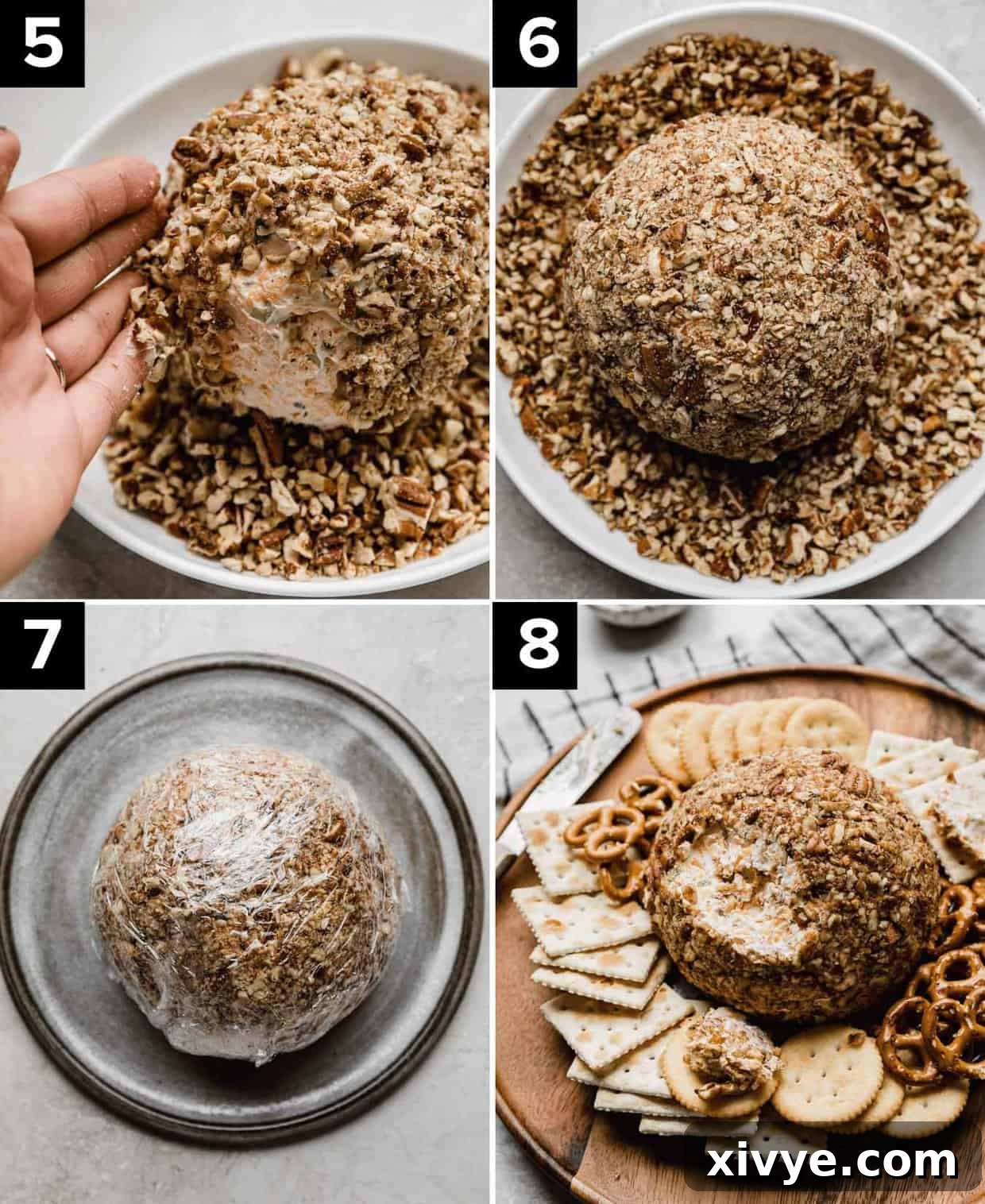 Four photos showing how to make a Christmas Cheese Ball, hand pushing pecans on a cheese ball (top left), pecan covered cheese ball on plate (top right), a flavorful cheeseball covered in plastic wrap (bottom left), a cheeseball on a brown plate surrounded by a variety of crackers.