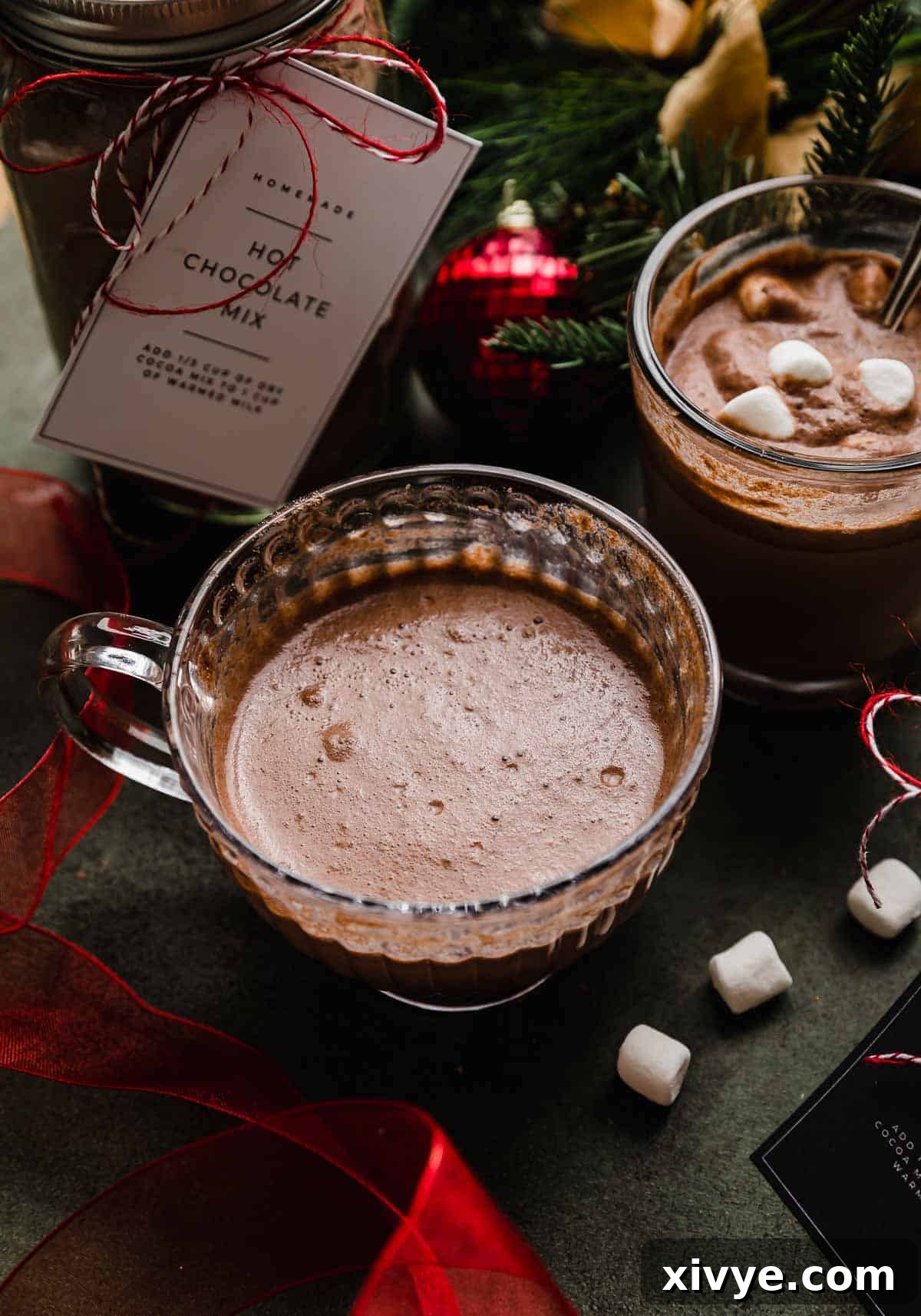 Premium Homemade Hot Chocolate Blend 5 A clear cup filled with homemade hot chocolate, using a homemade hot cocoa mix with whole milk powder and white chocolate.