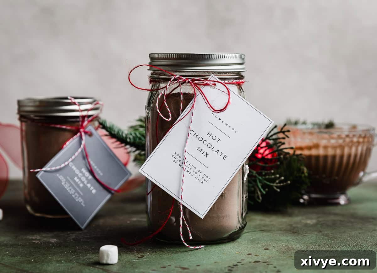 Premium Homemade Hot Chocolate Blend 6 Homemade Hot Chocolate Mix in a large mason jar with a homemade hot cocoa mix tag tied to the jar with a red string.