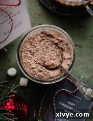 Premium Homemade Hot Chocolate Blend 7 Overhead photo of homemade hot chocolate mix in a jar with a spoon in it.