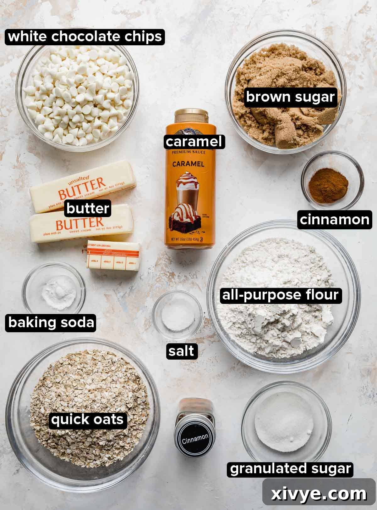 Cinnamon Sugar Caramelitas ingredients portioned into a glass bowl on a white background.