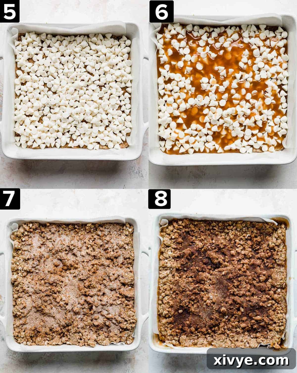 Four images showing how to make Carmelitas using white chocolate and cinnamon sugar.