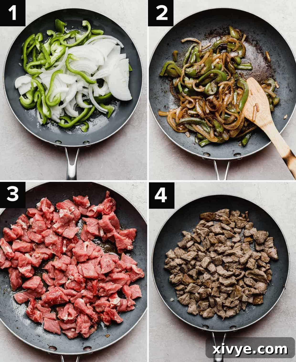 Ultimate Philly Cheesesteak Sliders 4 Four photos showing the process of making Philly Cheesesteak Sliders, gray skillet with sliced onions and green peppers (top left), caramelized onions and peppers (top right), chopped ribeye steaks in gray skillet (bottom left), cooked ribeye steak pieces in a skillet (bottom right).