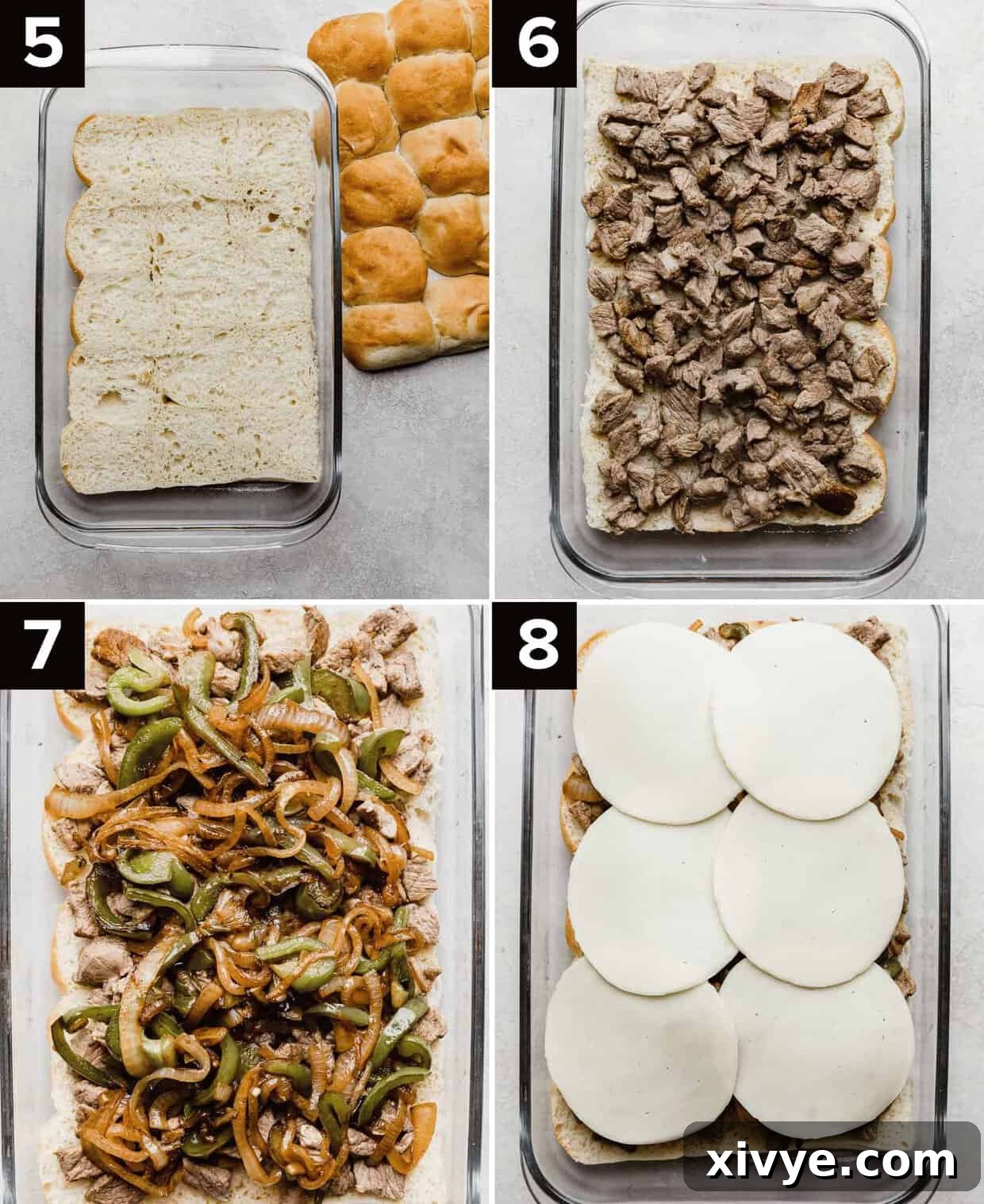 Ultimate Philly Cheesesteak Sliders 5 Rolls in a glass baking dish (top left), chopped and cooked ribeye steaks on bottom half of rolls (top right), caramelized onion and peppers atop ribeye steaks (bottom left), provolone cheese on top of Philly Cheesesteak Sliders (bottom right).
