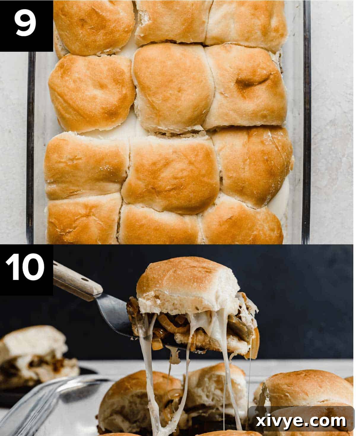 Ultimate Philly Cheesesteak Sliders 6 Two photos showing an overhead photo of Philly Cheesesteak Sliders on Hawaiian rolls.