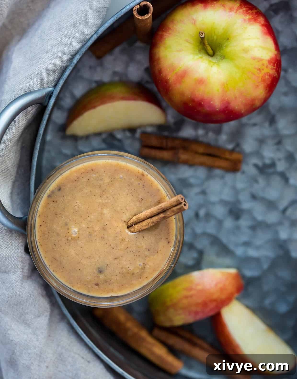Decadent Caramel Apple Indulgence 2 A jar of homemade cinnamon caramel apple dip with a cinnamon stick in the dip, ready to be served.