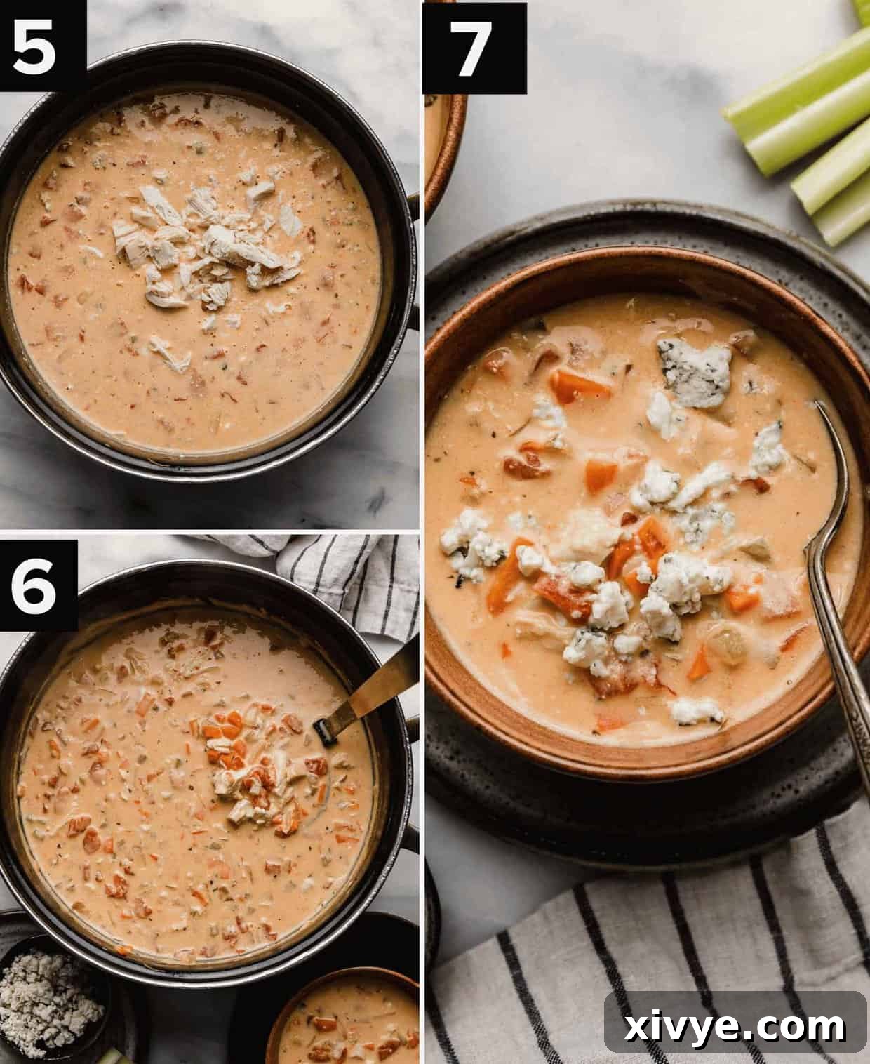 Three photos showing the making of creamy buffalo chicken soup with diced tomatoes and ranch seasoning.