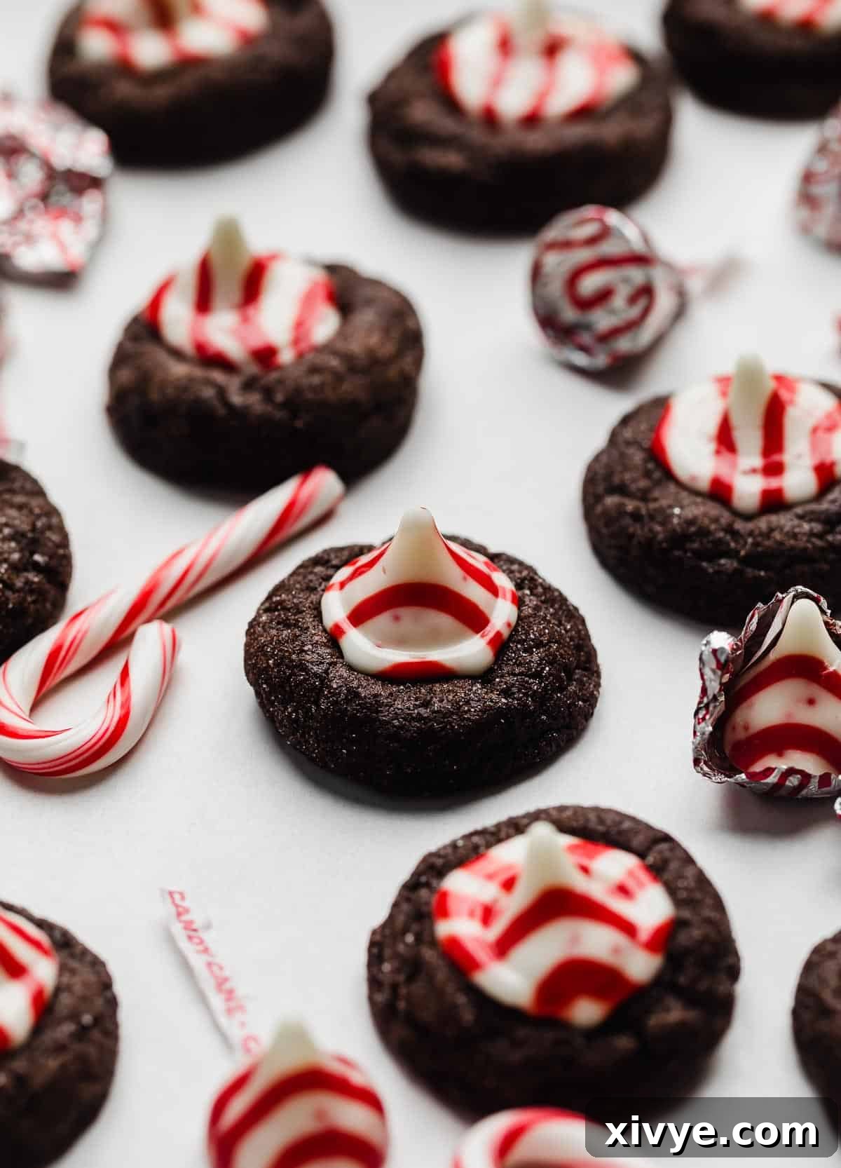 Chocolate Peppermint Blossoms cookies topped with a candy cane kiss on a white background.