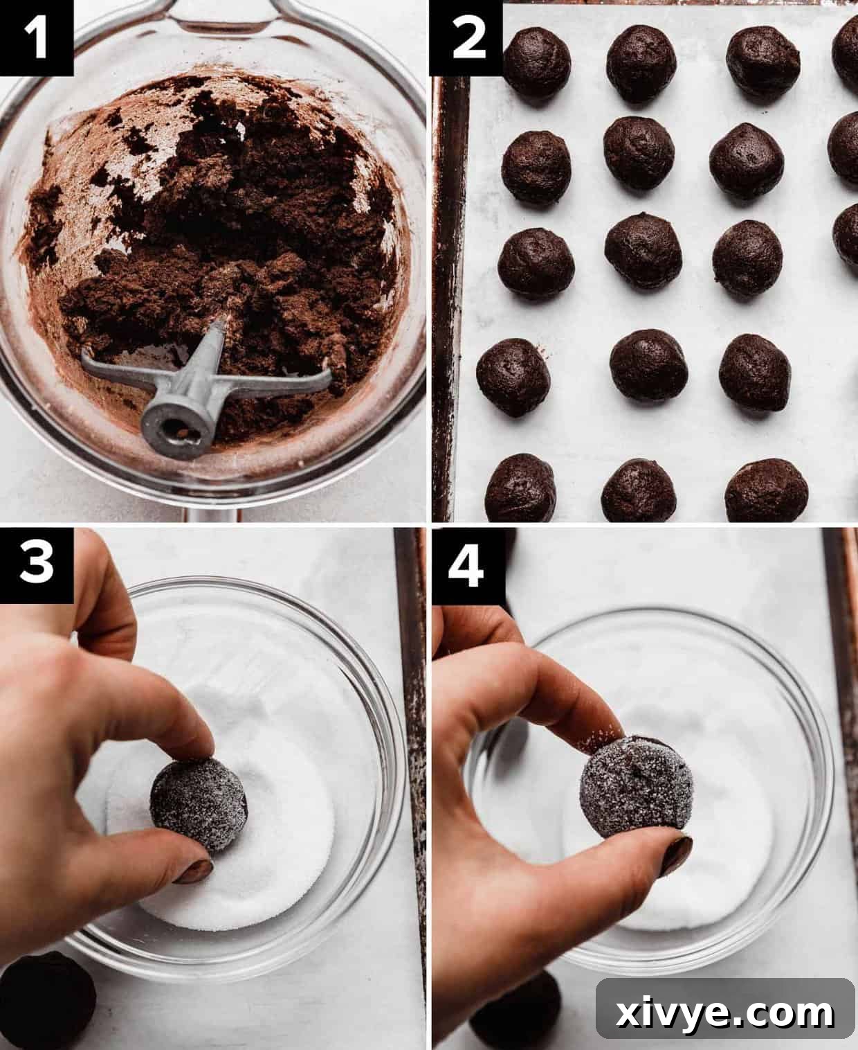 Four photos showing how to make Chocolate Peppermint Blossom Cookies: chocolate cookie dough in bowl (top left), round cookie dough balls on white paper (top right), hand rolling cookie dough ball into white sugar (bottom left and right photos).