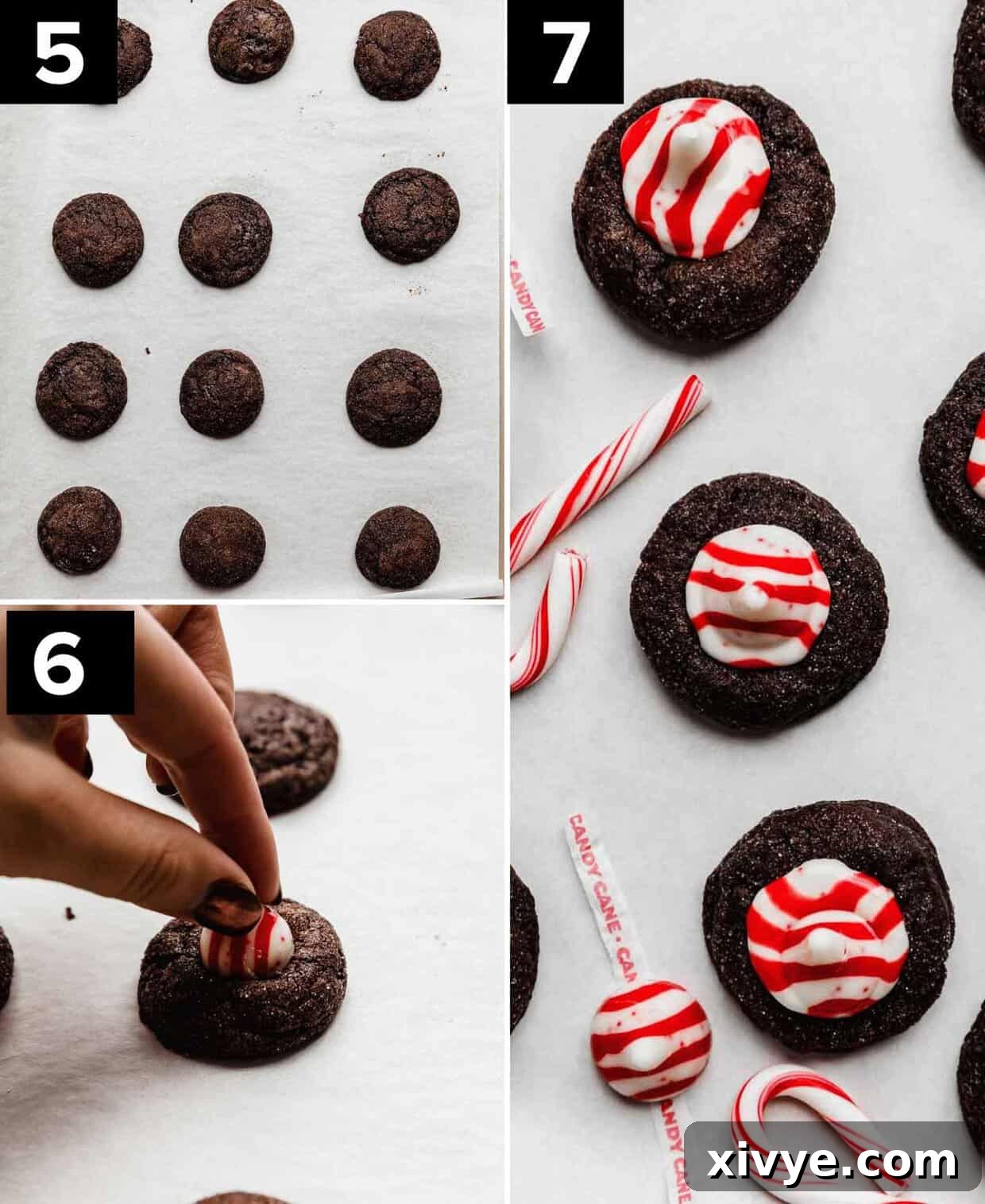 Three photos showing how to make peppermint blossom cookies with a candy cane kiss on top.