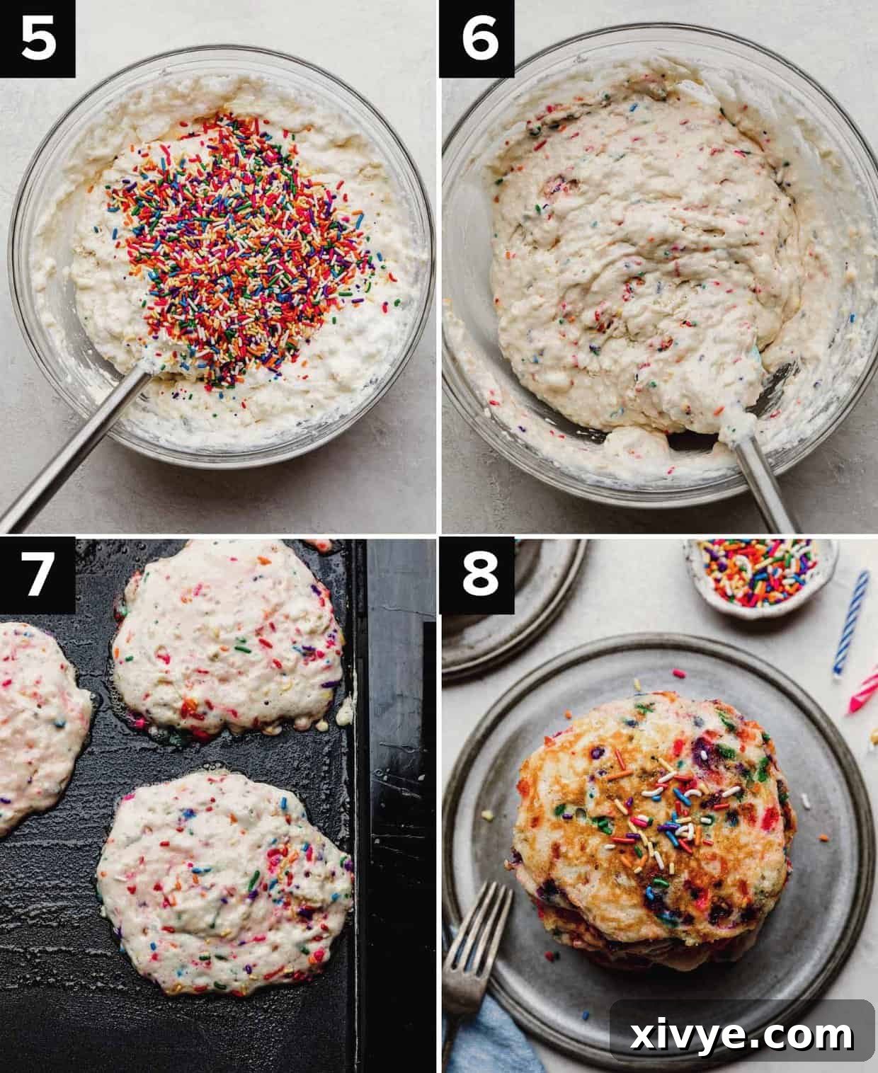 Buttermilk birthday cake pancake batter with colorful sprinkles in a glass bowl (top left), mixed funfetti pancake batter in a glass bowl (top right), Birthday Cake Pancakes on a black skillet (bottom left), a stack of sprinkle pancakes on a gray plate (bottom right).