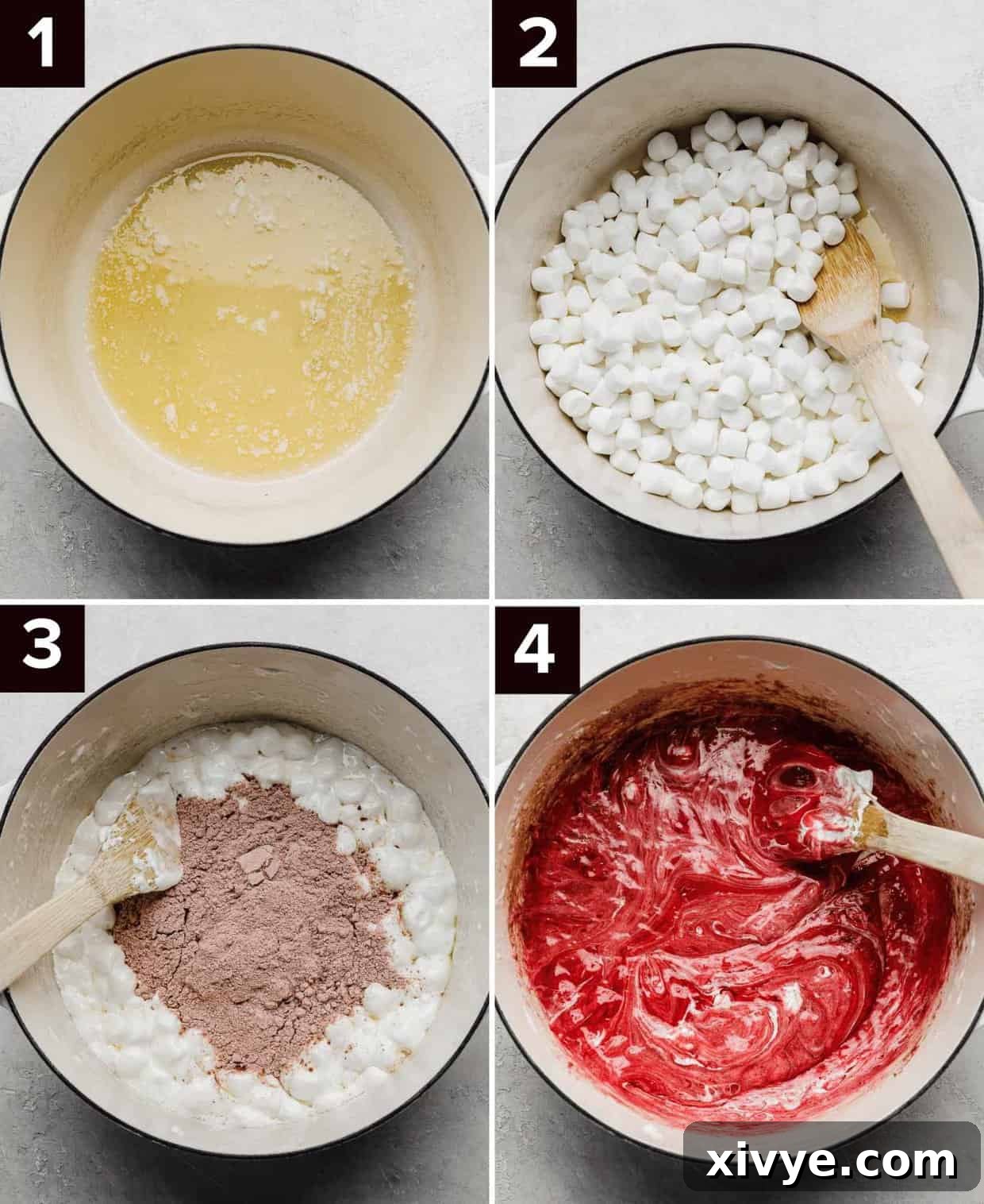 Four photos showing how to make Red Velvet Rice Krispies recipe, white pot wit melted butter in it (top left), mini marshmallows in white pot (top right), melted marshmallows with red velvet cake mix overtop (bottom left), red velvet melted marshmallow mixture in white pot (bottom right).
