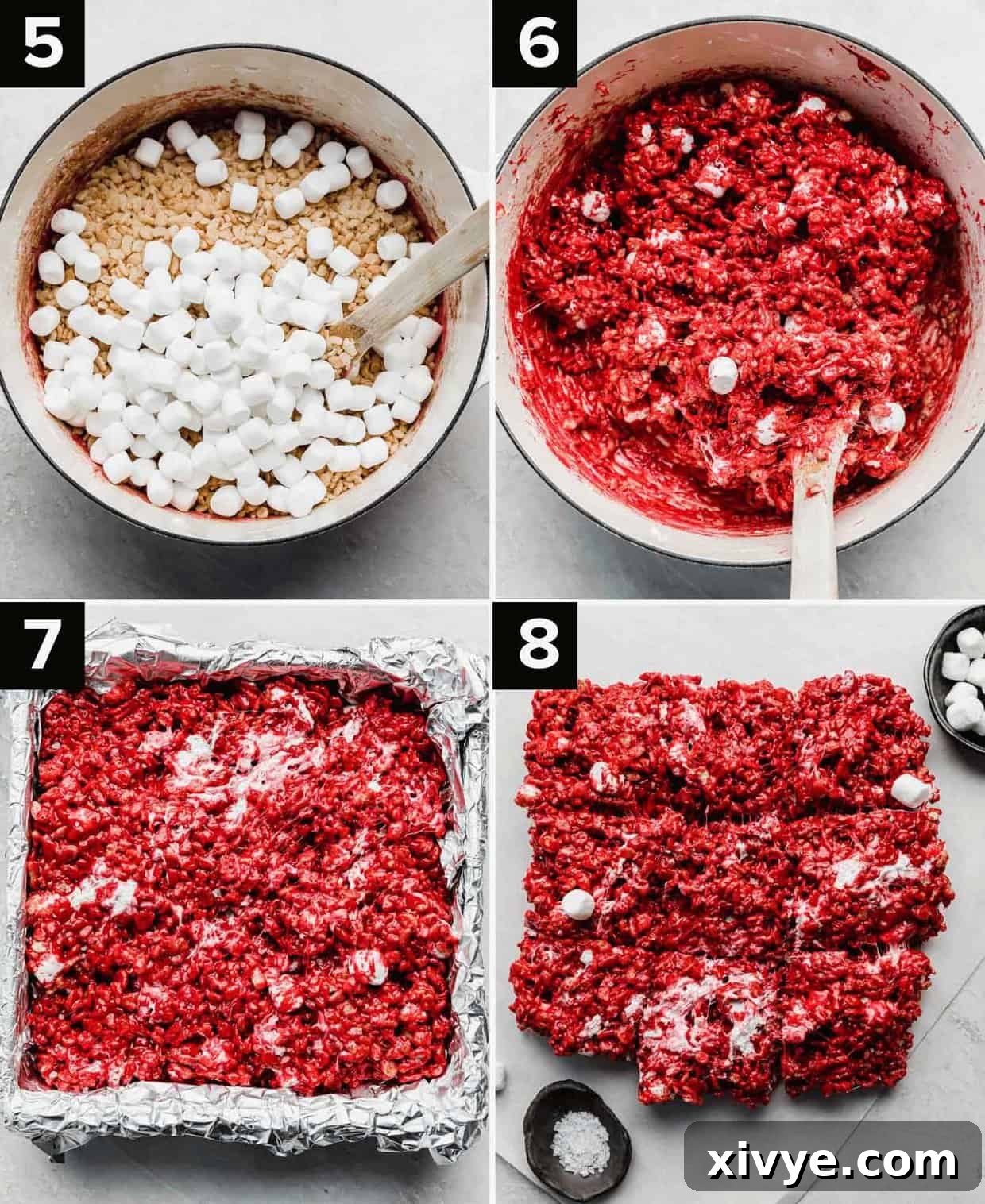 Photos showing how to make the best Valentine's Day red velvet Rice Krispies treats; marshmallows and crisp rice cereal in a pot (top left), bright red velvet Rice Krispies mixture in a white pot (top right), Red Velvet Rice Krispies in a foil lined square pan (bottom left), Red Velvet Rice Krispies cut into squares (bottom right).
