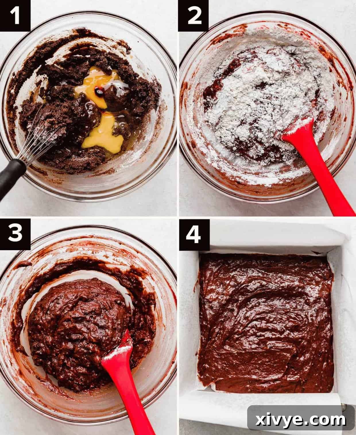 Decadent Red Velvet Oreo Truffle Brownies 4 Four photos showing how to make Red Velvet Oreo Brownies; cocoa powder, butter, eggs, and red food color in a glass bowl (top left), flour atop red velvet brownie batter in glass bowl (top right), red velvet brownie batter in a glass bowl (bottom left), red velvet oreo brownie batter in a square pan (bottom right).