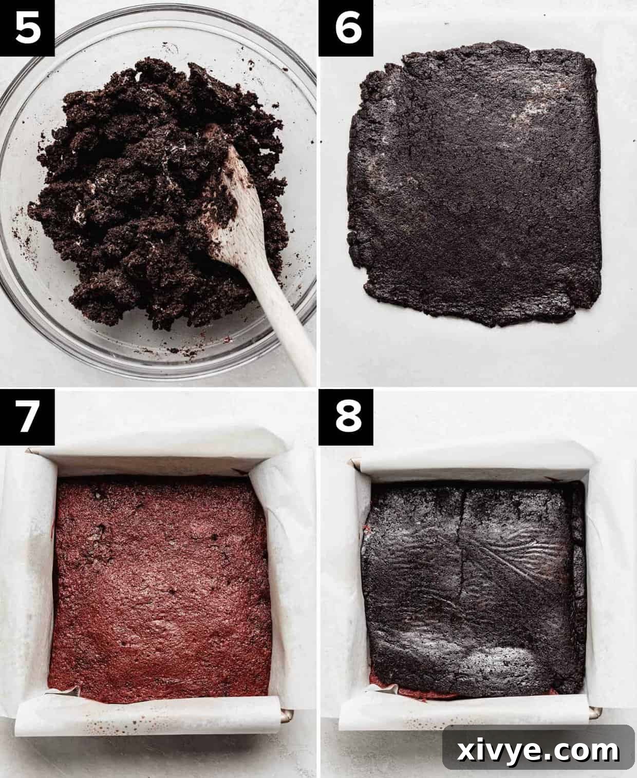 Decadent Red Velvet Oreo Truffle Brownies 5 Four photos showing the making of Oreo Truffle red velvet brownies; crushed Oreos and cream cheese mixed in a glass bowl (top left), flattened square of Oreo truffle mix (top right), baked red velvet brownies in a square pan (bottom left), Oreo truffle topped red velvet brownies (bottom right).