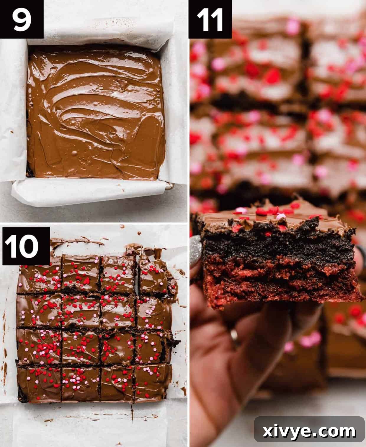 Decadent Red Velvet Oreo Truffle Brownies 6 Melted milk chocolate topped Red velvet Oreo brownies with pink and red circle sprinkles overtop.