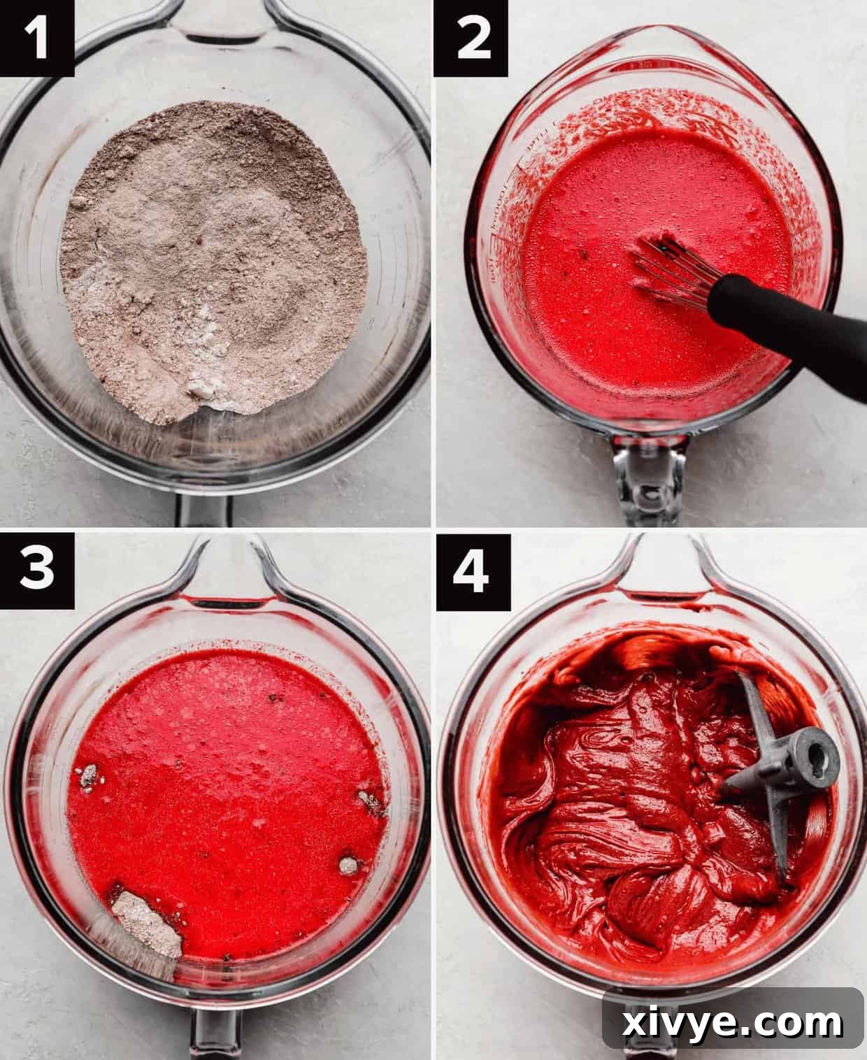 Crimson Crown Bundt 4 Four photos showing the process of how to make Red Velvet Bundt Cake batter in a glass bowl: dry ingredients in glass bowl (top left), red liquid batter in glass bowl (top right and bottom left), fully mixed red velvet cake batter in a mixing bowl (bottom right).