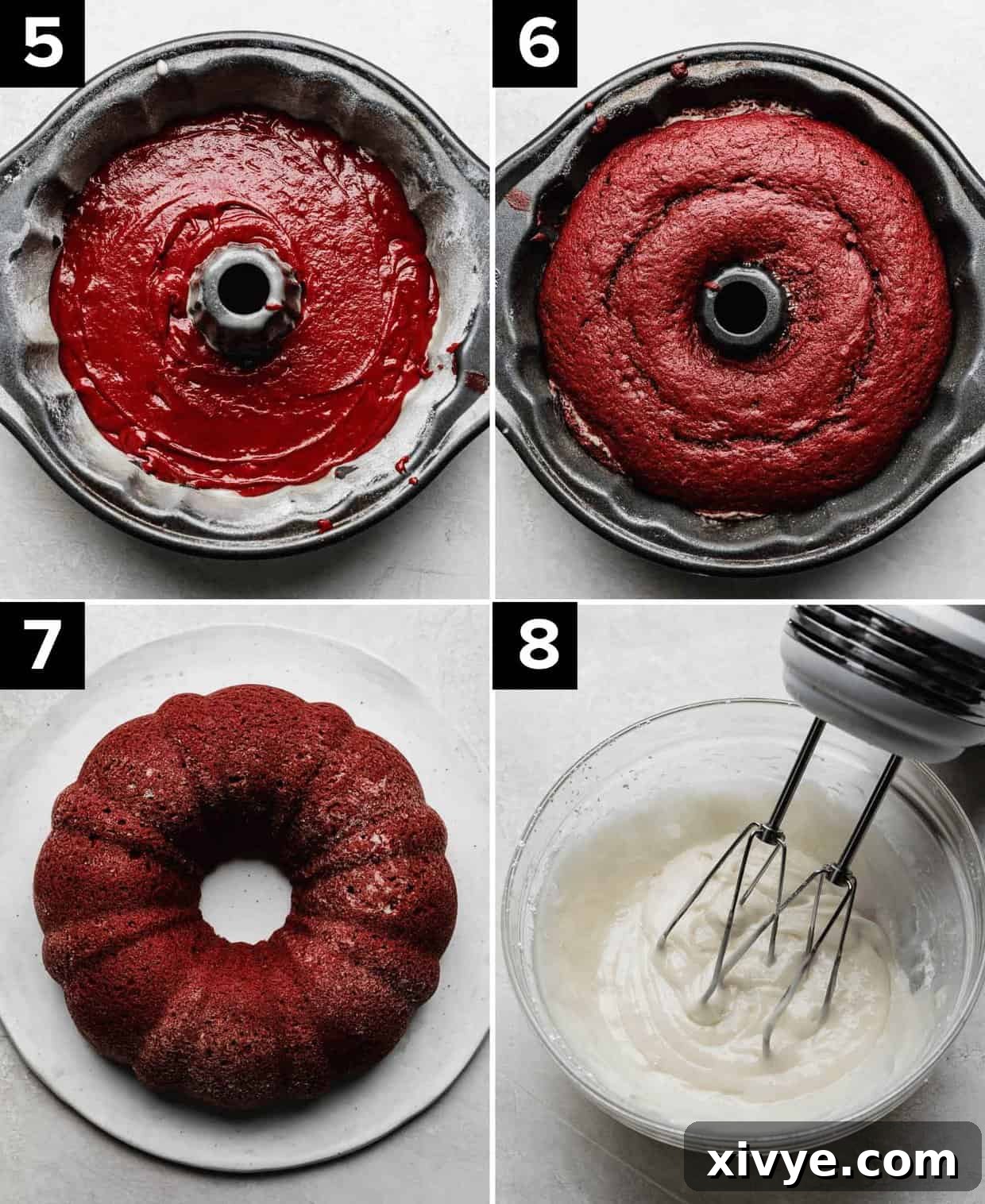 Crimson Crown Bundt 5 Four Red Velvet Bundt Cake process photos: red velvet cake batter in a bundt pan (top left), baked red velvet cake in a bundt pan (top right), baked red velvet bundt cake on a white plate (bottom left), cream cheese glaze in a glass bowl (bottom right).