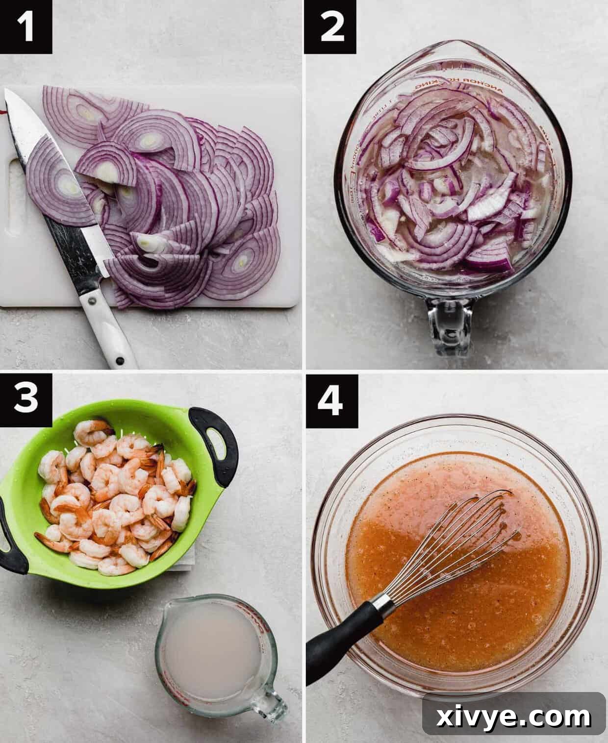 Effortless Cooked Shrimp Ceviche 4 A visual guide showing four stages of making traditional Shrimp Ceviche with cooked shrimp: top-left displays thinly sliced purple onions, top-right shows the onions marinating in lemon-lime juice, bottom-left features cooked shrimp draining with reserved shrimp water, and bottom-right reveals the subtly red liquid mixture of the ceviche base.