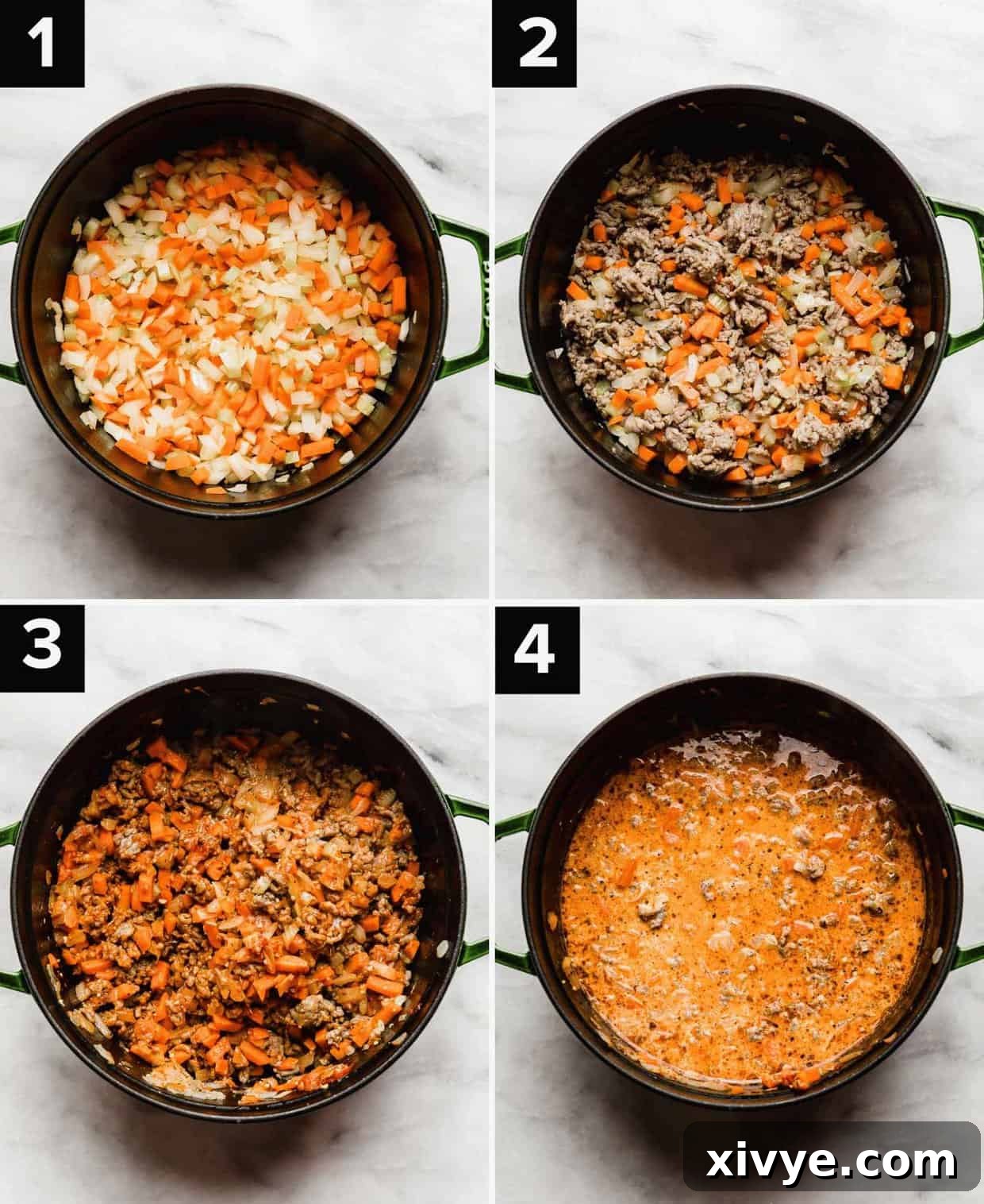 Hearty Italian Sausage Rigatoni 4 Four photos showing how to make creamy Italian Sausage Rigatoni: diced carrot, onion and celery in dutch oven (top left), cooked Italian sausage with carrot, onion, and celery (top right), tomato paste mixed amongst cooked sausage and diced vegetables (bottom left), heavy cream and water added to a tomato based Italian Sausage Rigatoni sauce (bottom right).