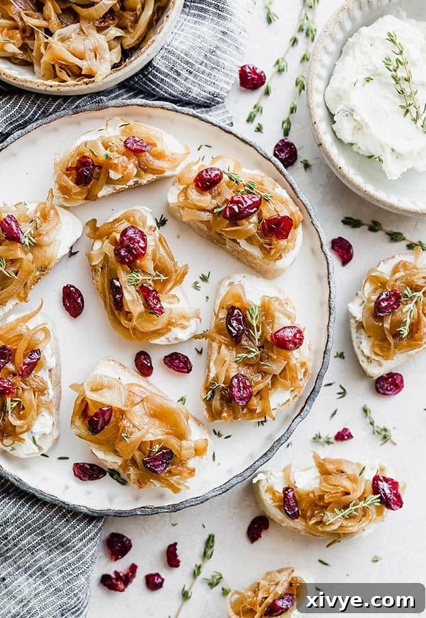 Sweet Caramelized Onion and Tangy Goat Cheese Crostini 2 Crostini topped with goat cheese and caramelized onions with a garnish of fresh thyme and dried cranberries.