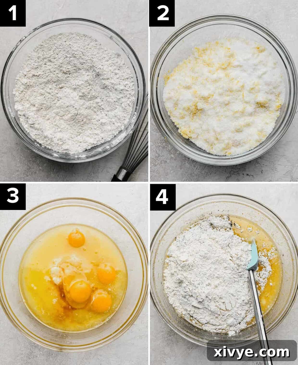 Four photos showing how to make the best lemon poppy seed cake: glass bowl with flour in it (top left), sugar and lemon zest in glass bowl (top right), eggs and butter and sour cream in glass bowl (bottom left), four mixture added to egg mixture in glass bowl (bottom right).