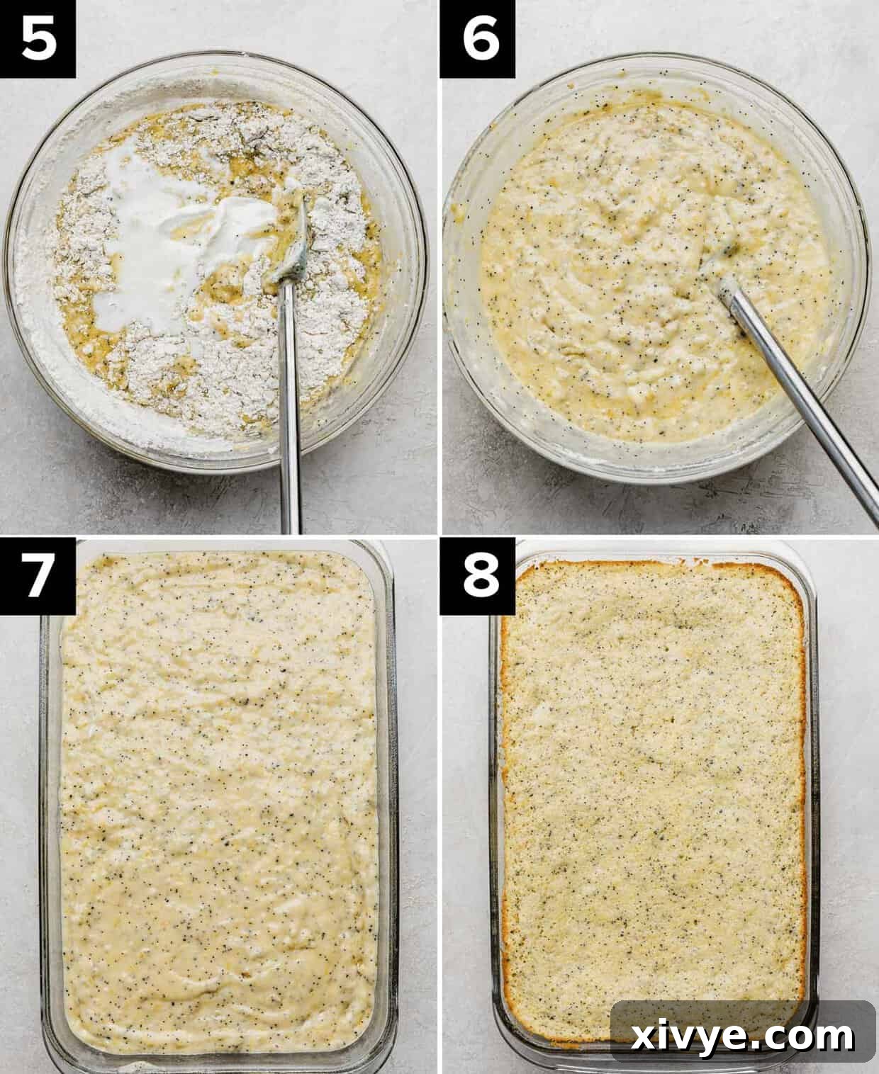 The making of a lemon poppy seed sheet cake: lemon poppy seed batter in a glass bowl (top left and right photos), lemon and poppy seed cake batter in 9x13 inch baking dish (bottom left), baked lemon poppy seed sheet cake (bottom right).