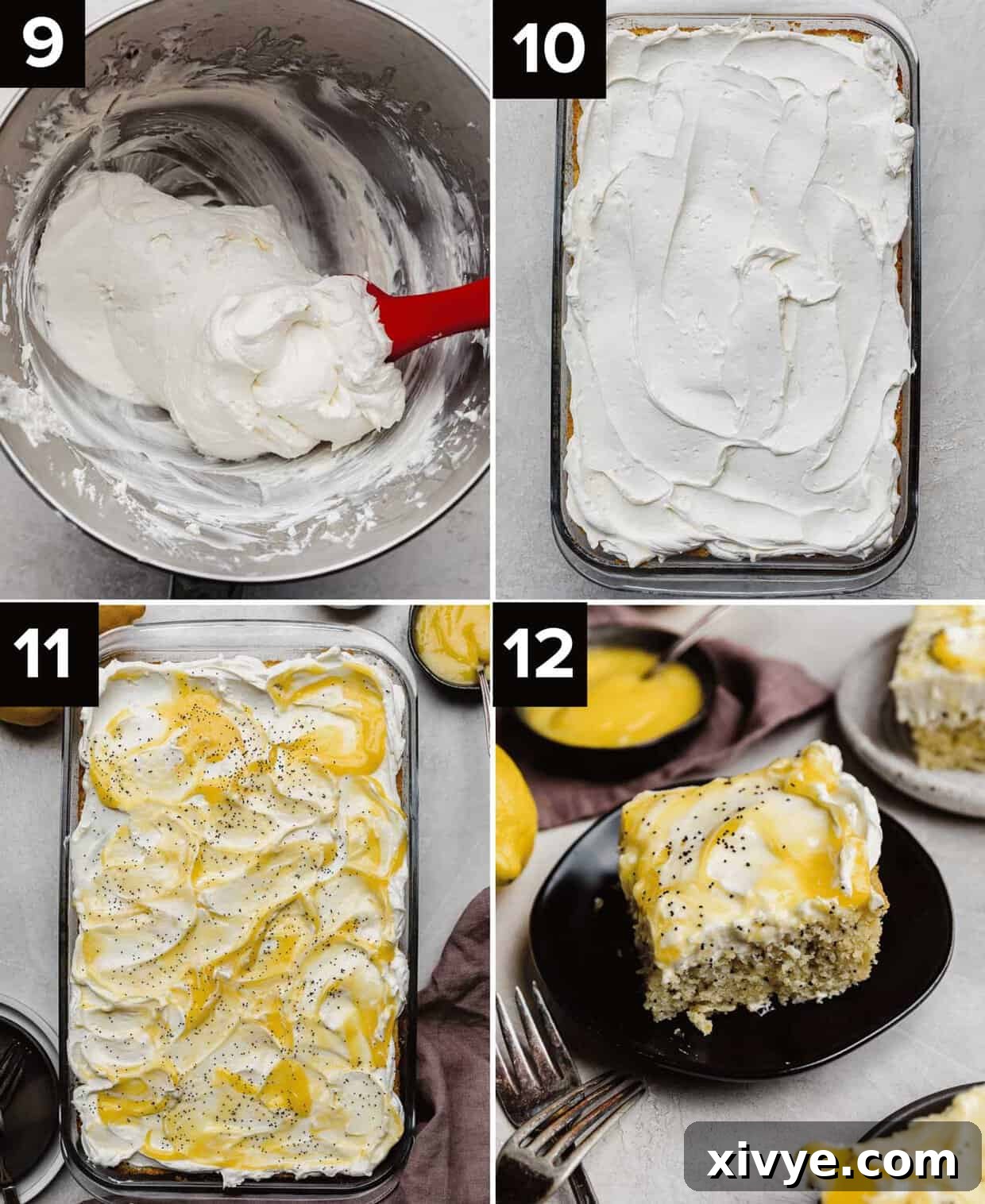 Whipped cream cheese frosting in a metal mixing bowl (top left), white frosting covered lemon poppy cake (top right), Lemon curd covered lemon poppy seed cake (bottom left), a slice of moist lemon poppy seed cake on a black plate. 