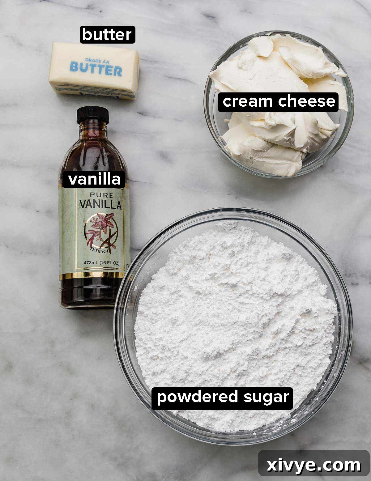 Ingredients used to make a thick cream cheese frosting that's used overtop copycat Nothing Bundt cakes.