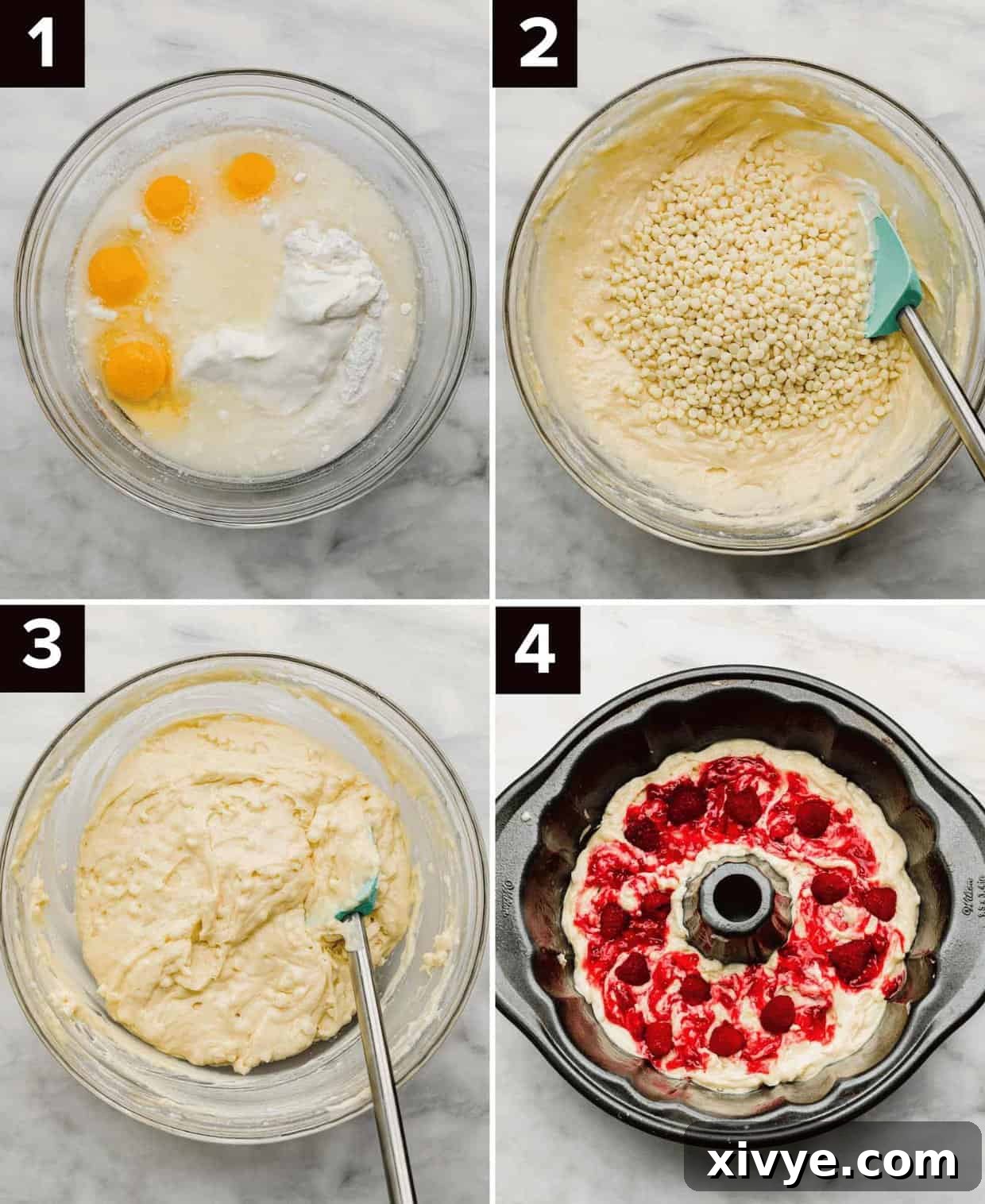 Four photos showing how to make White Chocolate Raspberry Bundt Cake: eggs and wet ingredients in glass bowl (top left), white chocolate chips in a bowl filled with white cake mix batter (top right), white chocolate cake batter in a glass bowl (bottom left), bundt pan filled with white cake mix and raspberry jam swirled amongst it.