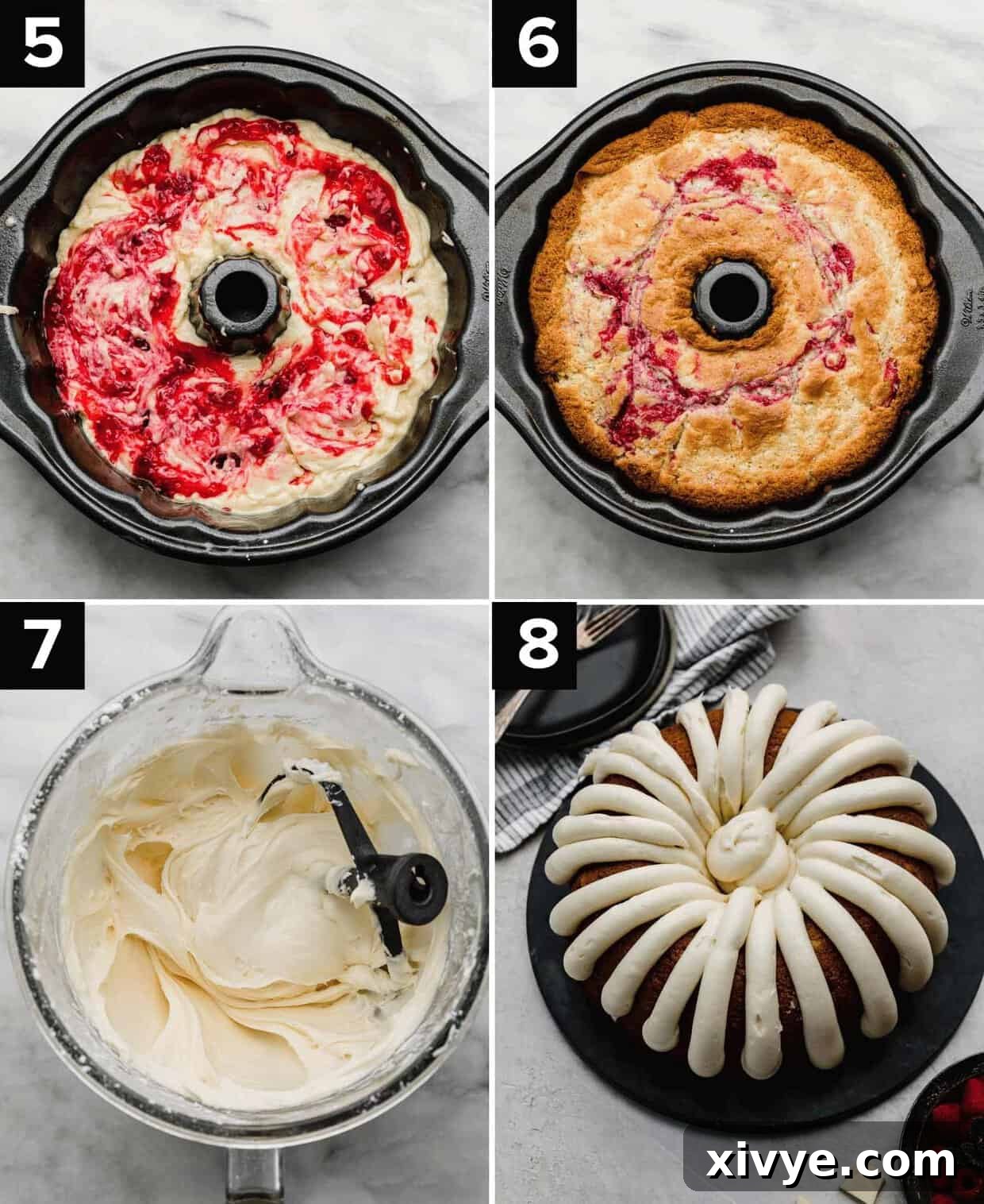 Four photos showing how to make a raspberry white chocolate bundt cake: Raspberry jam swirled into white cake batter in a bundt pan (top left), baked White Chocolate Raspberry Bundt Cake in a bundt pan (top right), cream cheese frosting in a glass bowl (bottom left), Cream cheese frosted White Chocolate Raspberry Bundt Cake on a black plate (bottom right). 