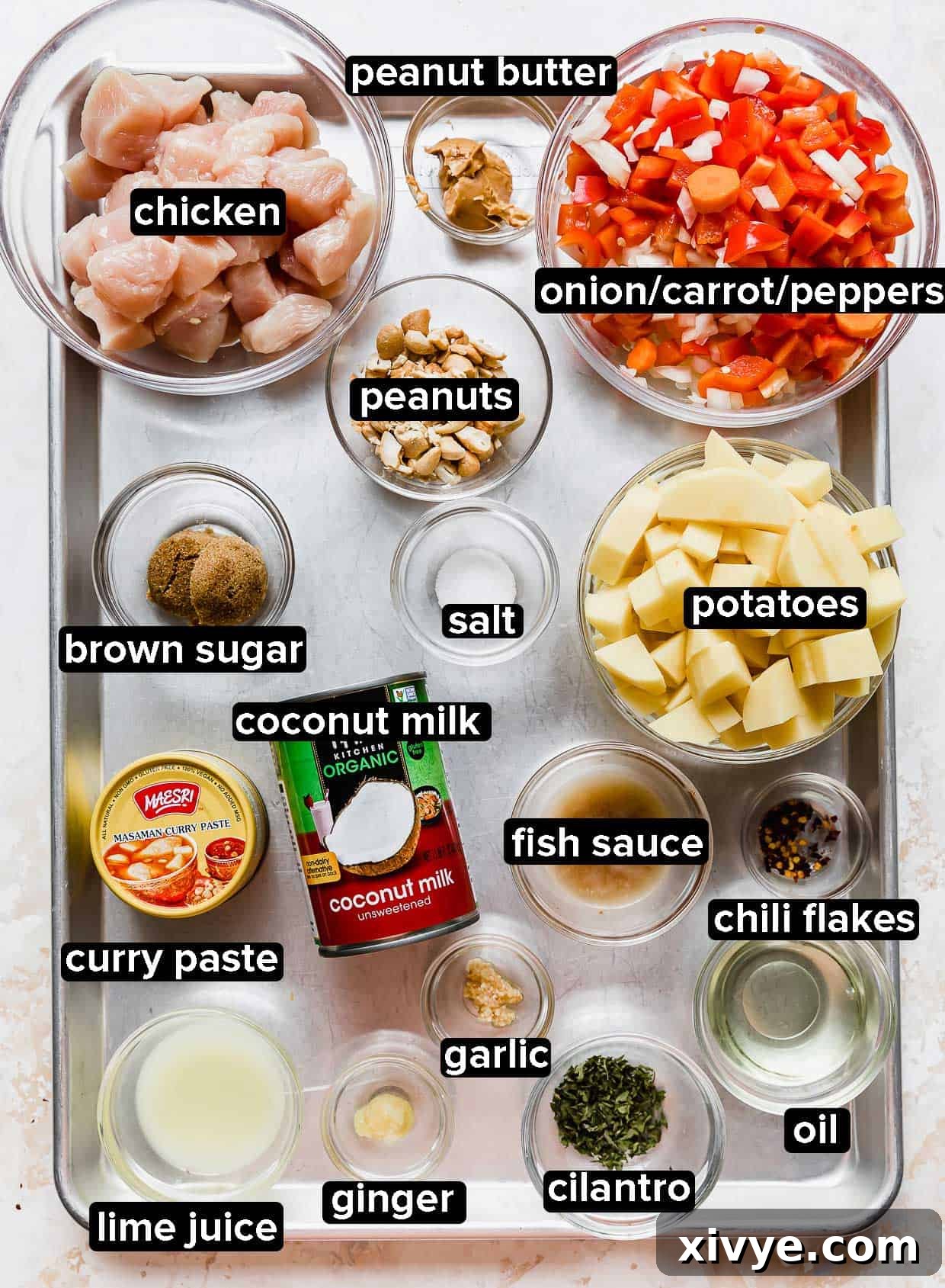 Massaman Curry ingredients on a baking sheet.