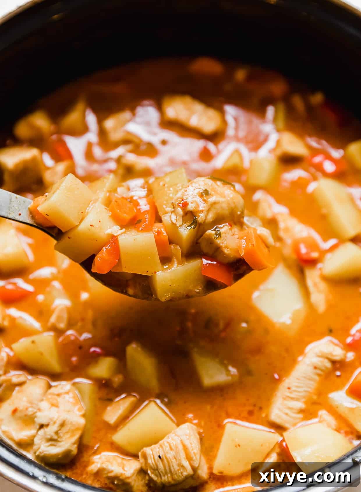 A spoon lifting upMassaman Curry from a pot.