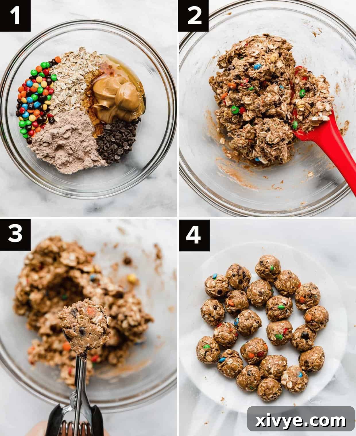 A visual guide to making Monster Cookie Protein Balls, showing four key steps: (top left) a glass bowl with mini M&M's, peanut butter, oats, and chocolate protein powder; (top right) the ingredients mixed thoroughly in the same glass bowl; (bottom left) a small cookie scoop portioning the protein ball mixture; (bottom right) finished Monster Cookie Protein Balls neatly arranged on a white plate, ready for chilling.