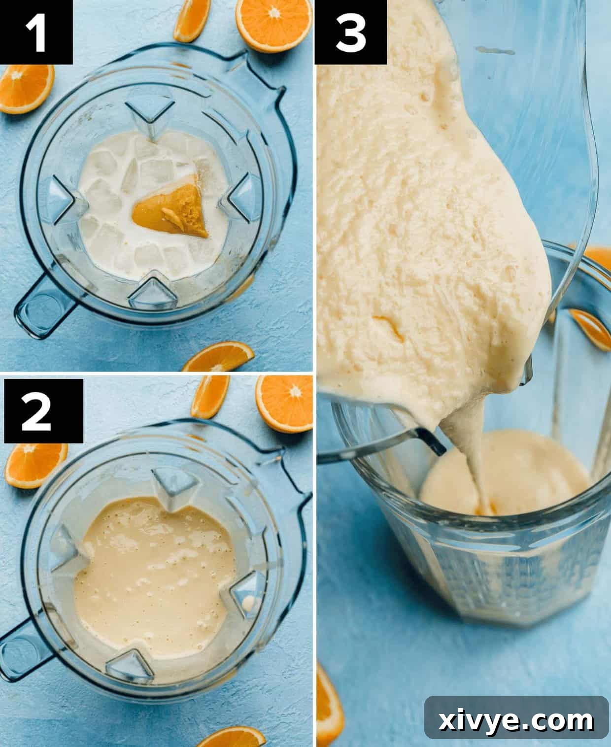Three photos showing the process of how to make a homemade orange Julius drink using a blender and frozen orange juice concentrate. 