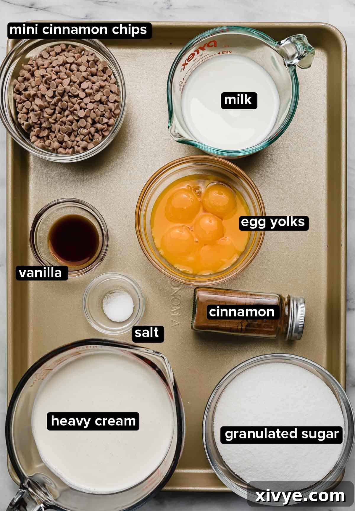Spiced Cinnamon Delight 3 Ingredients used to make the best cinnamon spice ice cream on a gold baking sheet: heavy cream, milk, egg yolks, cinnamon spice, salt, vanilla, sugar, and mini cinnamon chips.