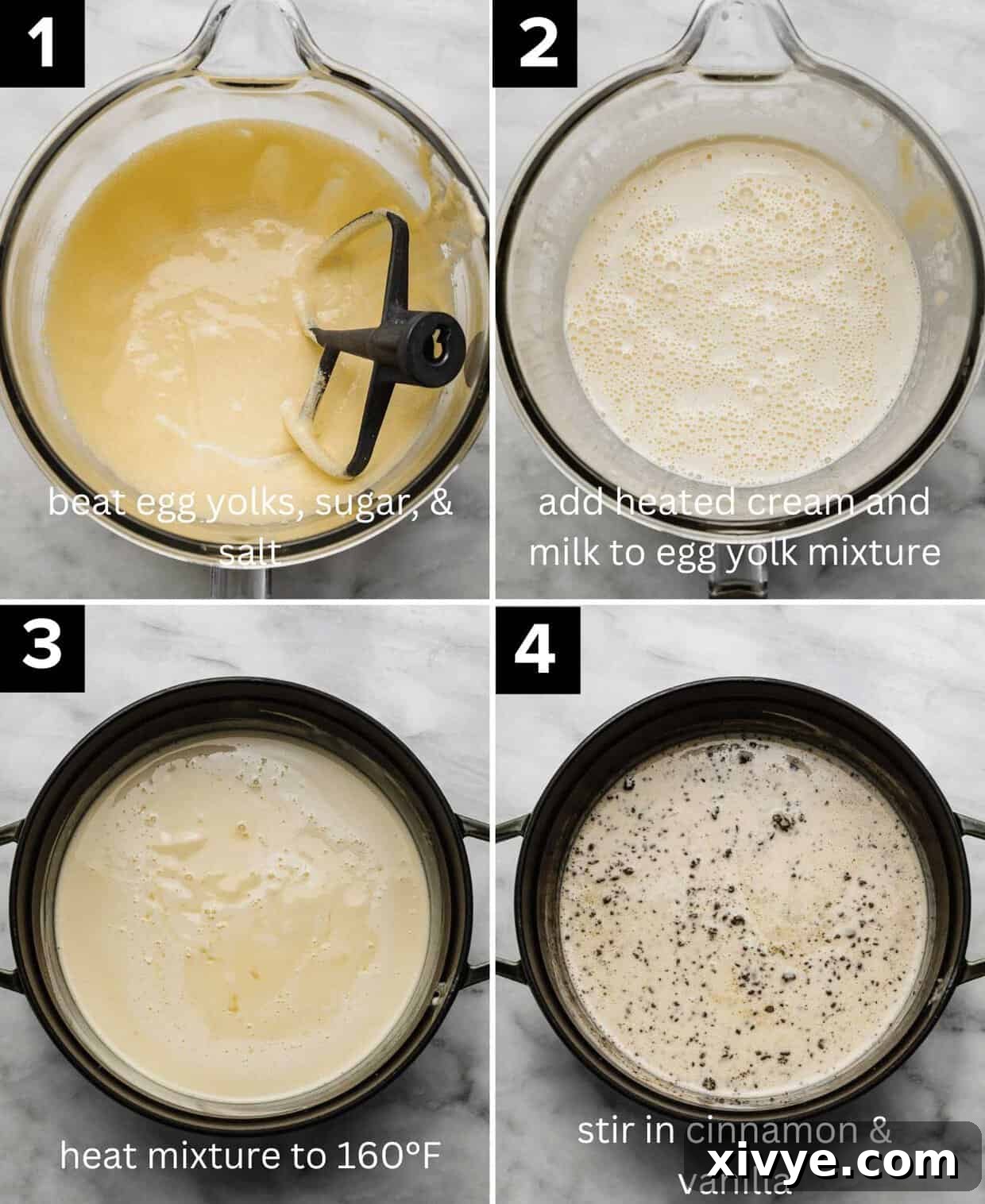 Spiced Cinnamon Delight 4 Four photos showing the process of making Cinnamon Ice Cream with egg yolks being whipped then warmed on the stove to a safe temperature.