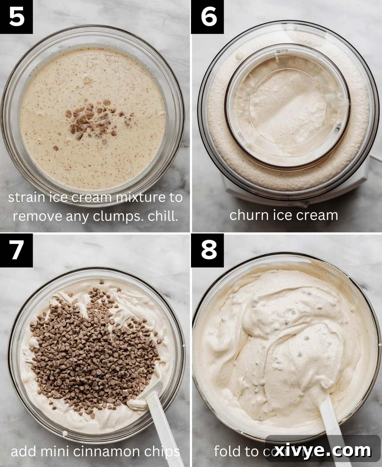 Spiced Cinnamon Delight 5 Four photos showing how to make Cinnamon Ice Cream: cinnamon ice cream mixture (liquid) in glass bowl (top left), cinnamon ice cream being churned in ice cream maker (top right) , mini cinnamon chips atop churned ice cream in glass bowl (bottom left), spatula folding mini cinnamon chips into cinnamon ice cream (bottom right).