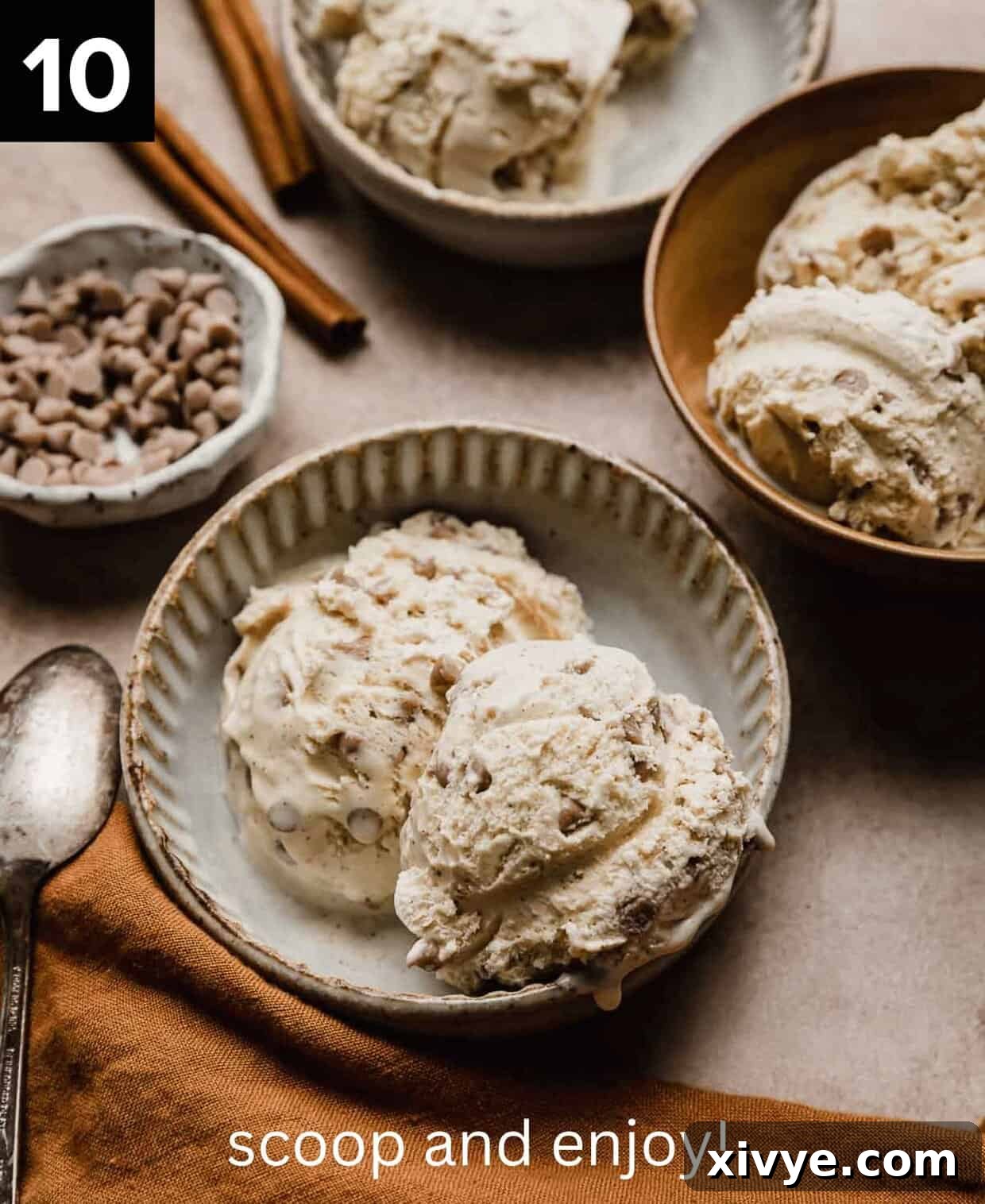 Spiced Cinnamon Delight 7 Scoops of homemade Cinnamon Ice Cream in a tan bowl surrounded by a small bowl of mini cinnamon chips and an additional bowl of homemade Cinnamon Ice Cream.