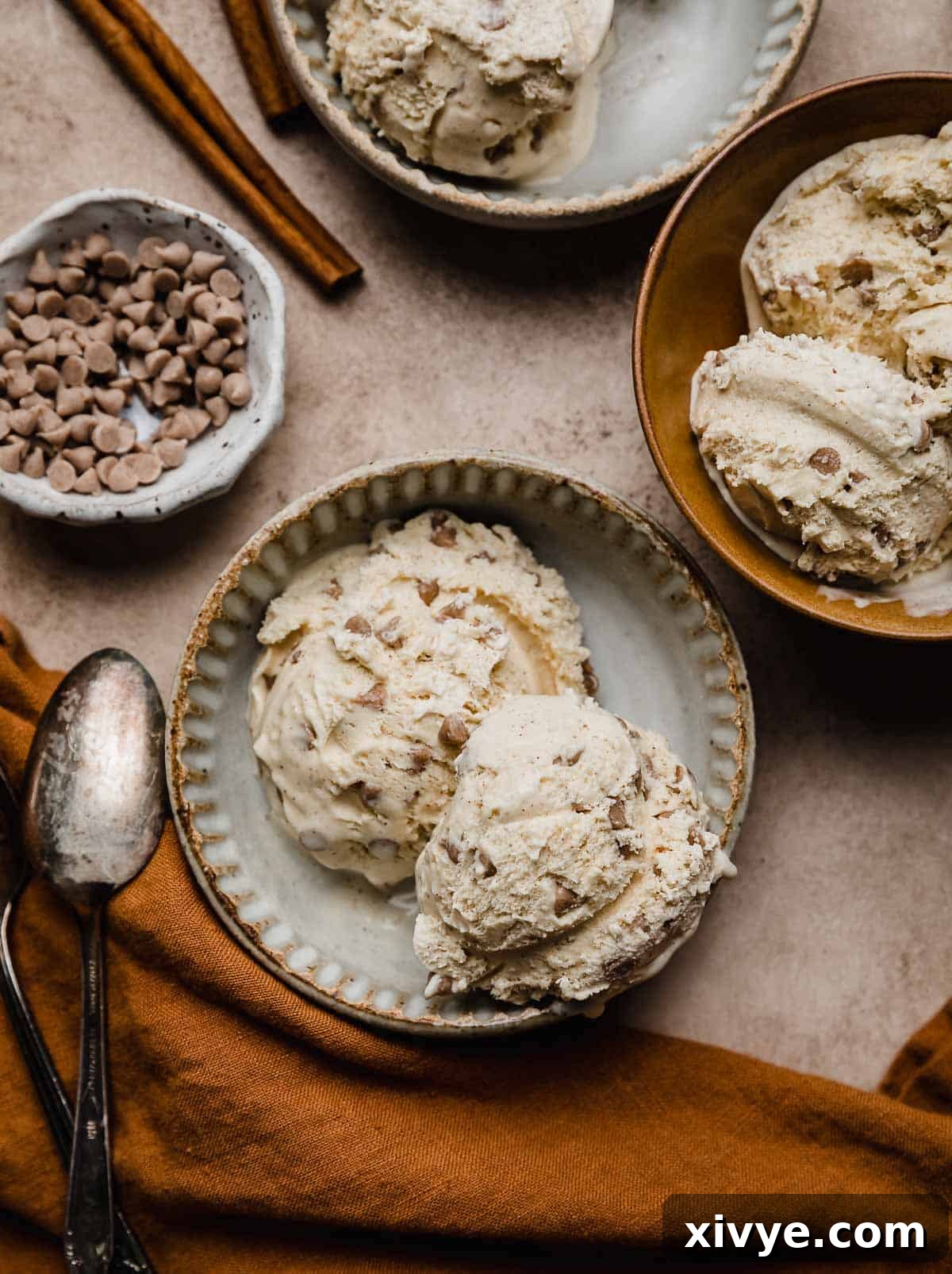 Spiced Cinnamon Delight 8 Overhead photo of cinnamon chip ice cream on a brown surface with a burnt orange napkin near the bowl of ice cream.