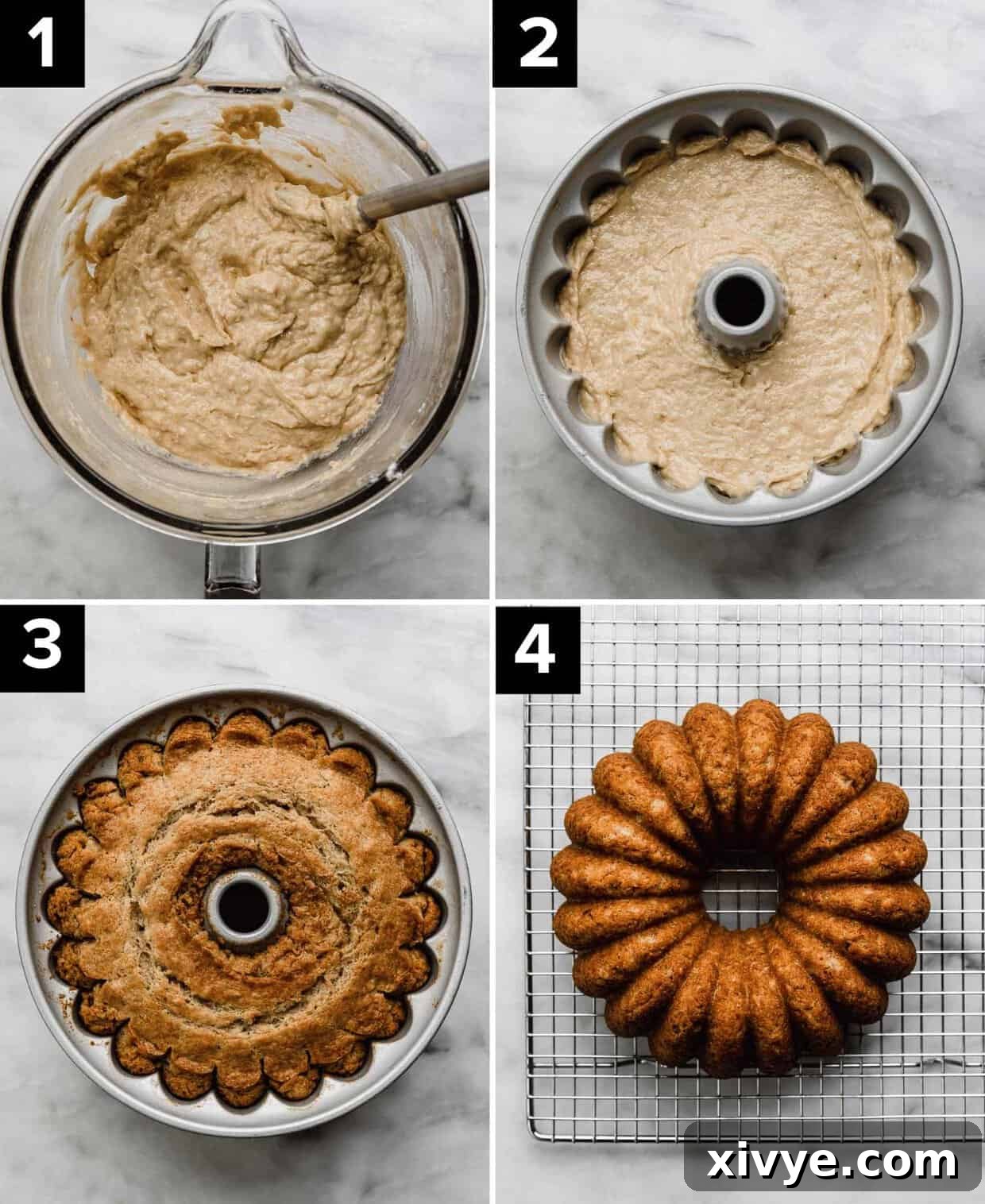 Golden Banana Bundt Delight 4 Four photos showing how to make the best Banana Bundt Cake recipe: banana bundt cake batter in glass bowl (top left), banana bread bundt cake batter in a bundt pan (top right), a baked banana bundt cake in a bundt pan (bottom left), a fully baked Banana Bread Bundt Cake on a wire cooling rack (bottom right).