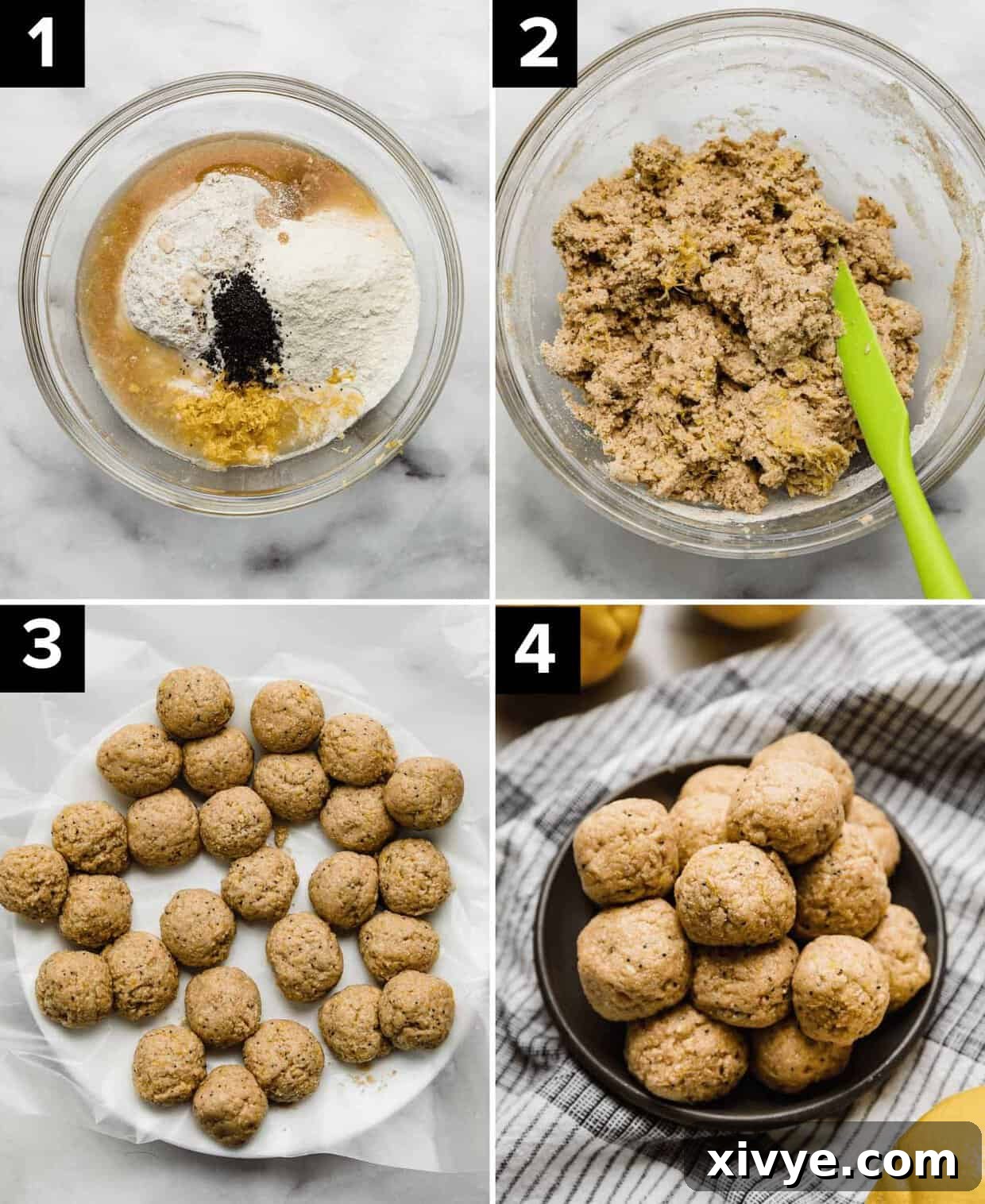 Four photos showing how to make Lemon Protein Balls.