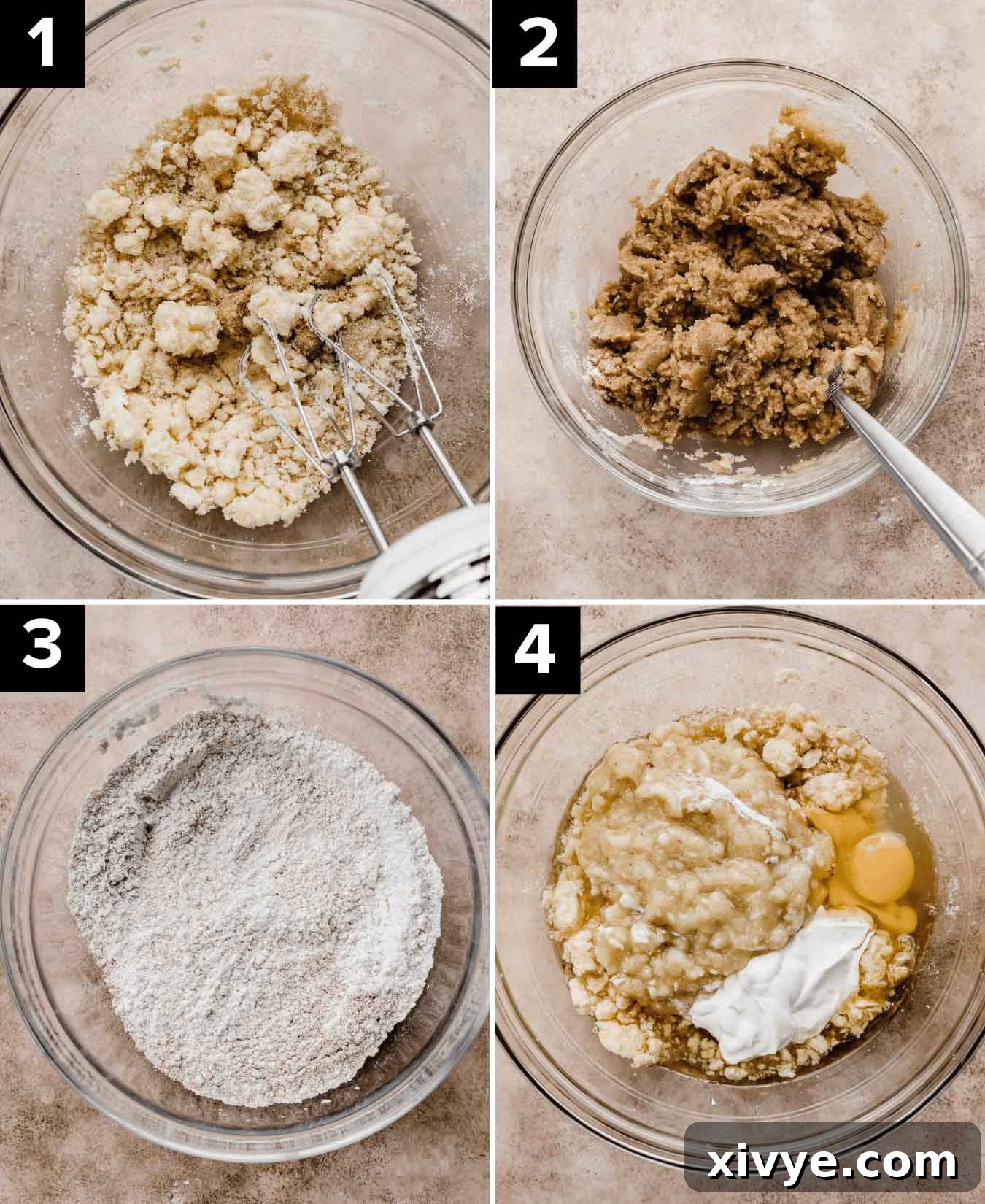Four photos showing the process of how to make the best and most moist Banana Bread Crumb Muffins: top two photos being a crumb mixture in a bowl, bottom photos are dry ingredients in a glass bowl and mashed bananas and oil, eggs, and sour cream in a glass bowl.