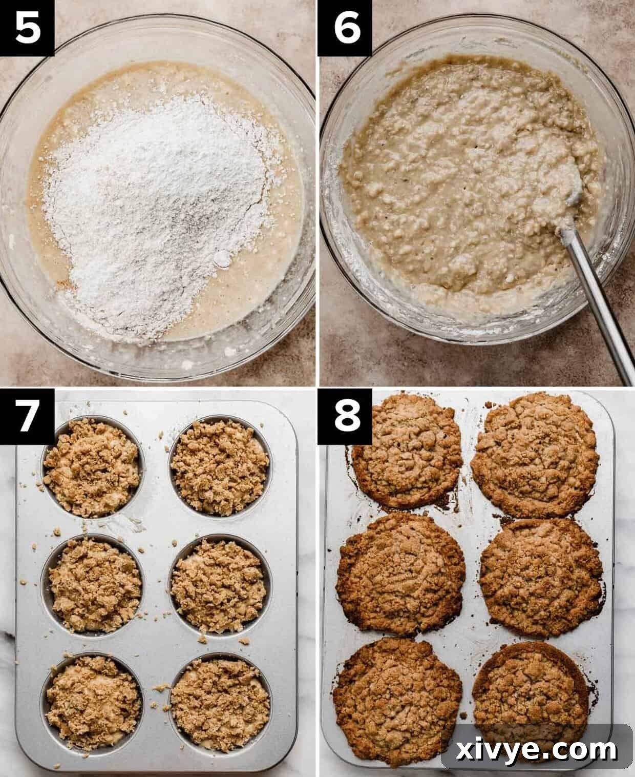 Top two photos feature banana bread muffin batter in glass bowl, banana bread muffin batter in 6 large muffin tins with crumble on top (bottom left), baked Banana Bread Crumb Muffins (bottom right photo).