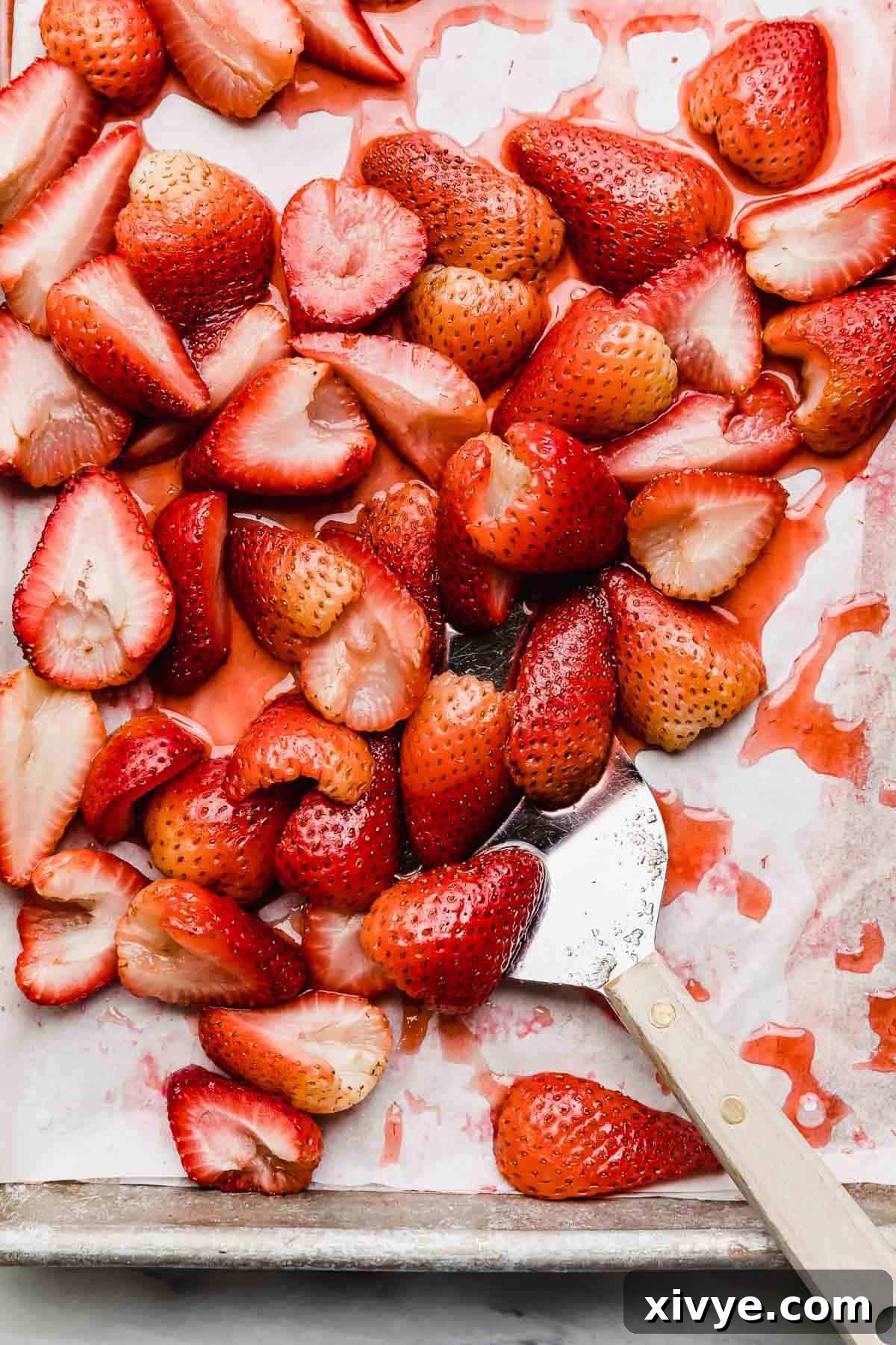A metal spatula scooping halved baked strawberries from a baking sheet.