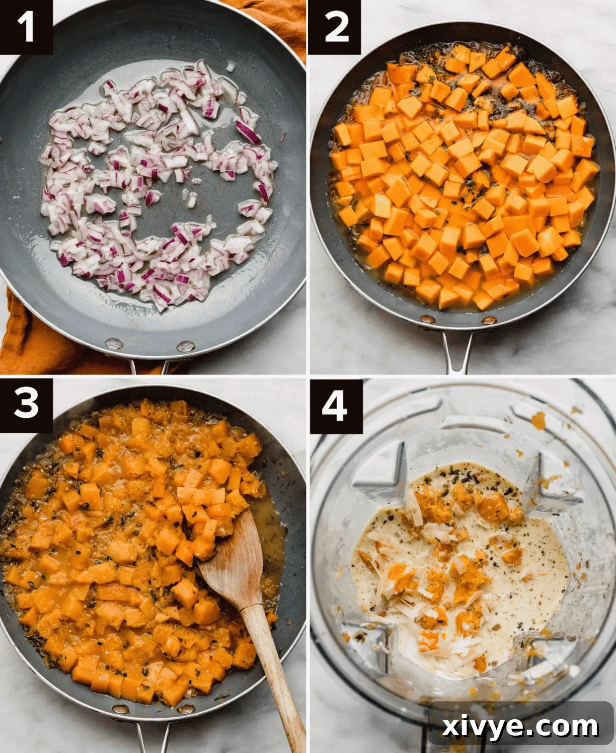 Velvety Butternut Alfredo 4 Four photos showing how to make Butternut Squash Alfredo recipe.